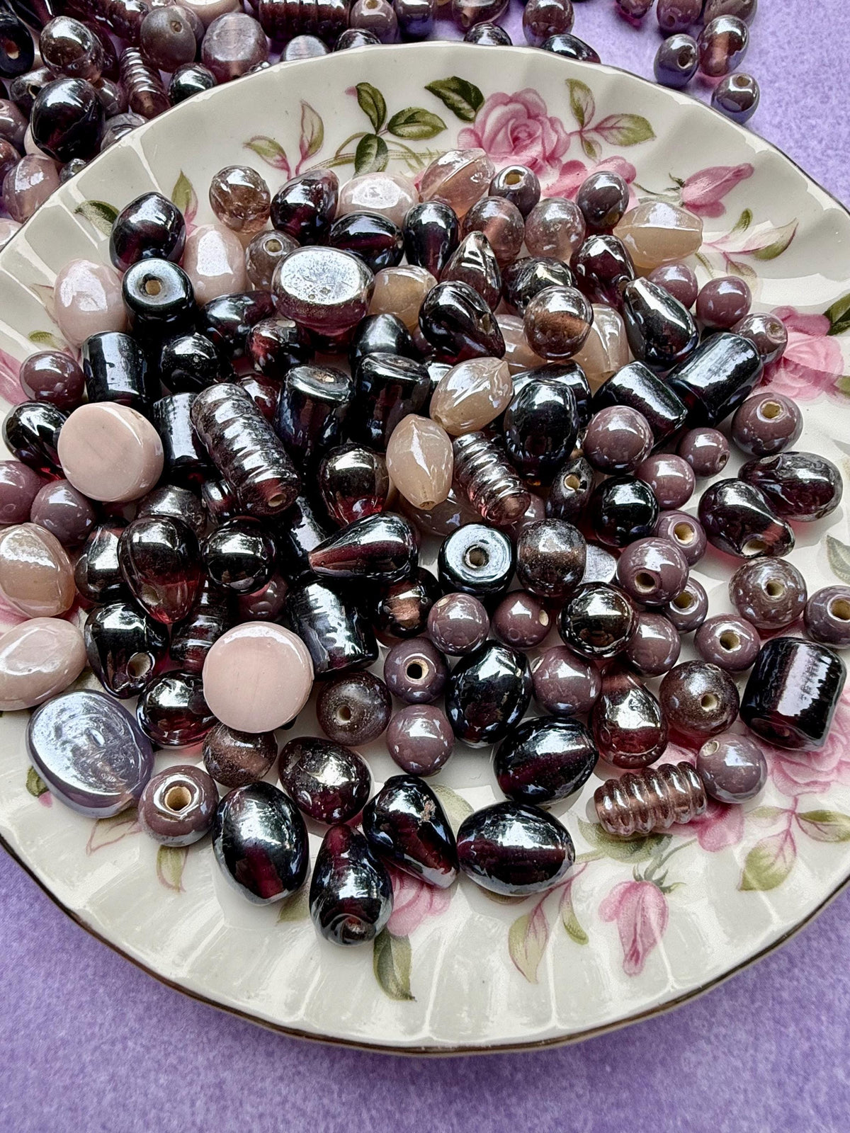 1/2 lb Smoky Plum Glass Bead Mix – Mauve, Neutral Tones for Jewelry Making