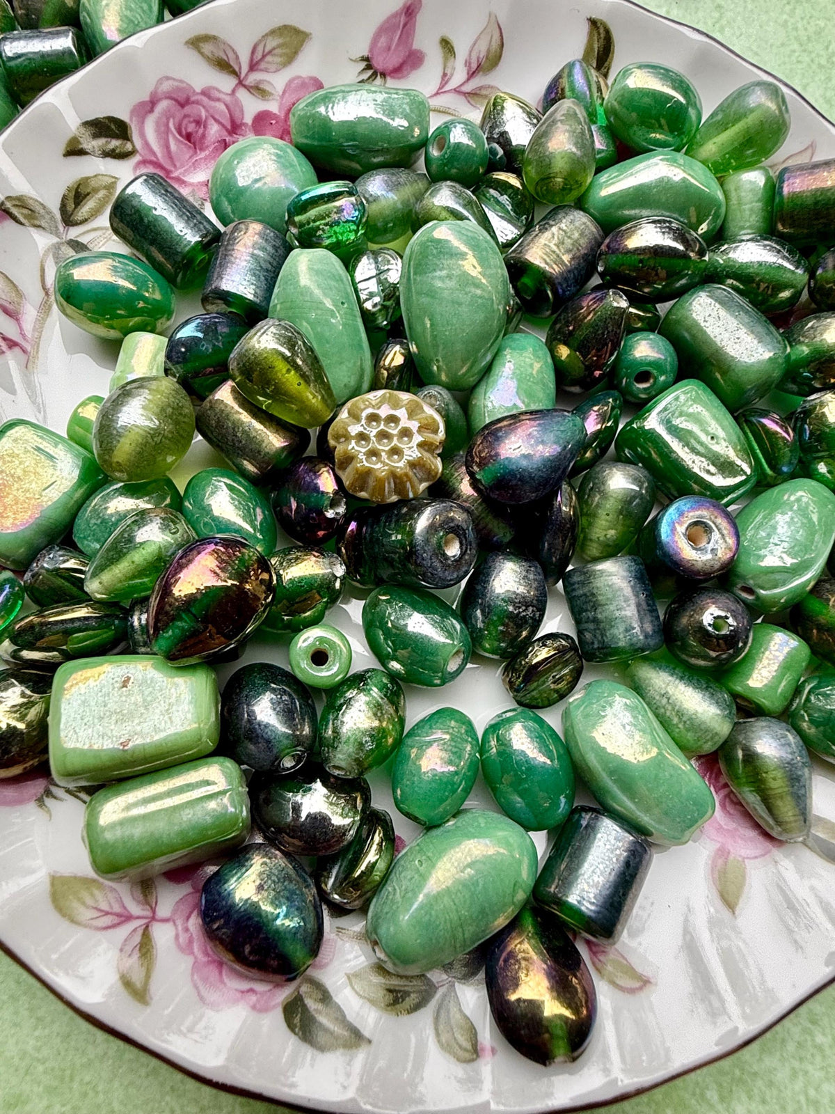 1/2 lb Enchanted Green AB Glass Beads – Iridescent Forest Mix for Jewelry Making