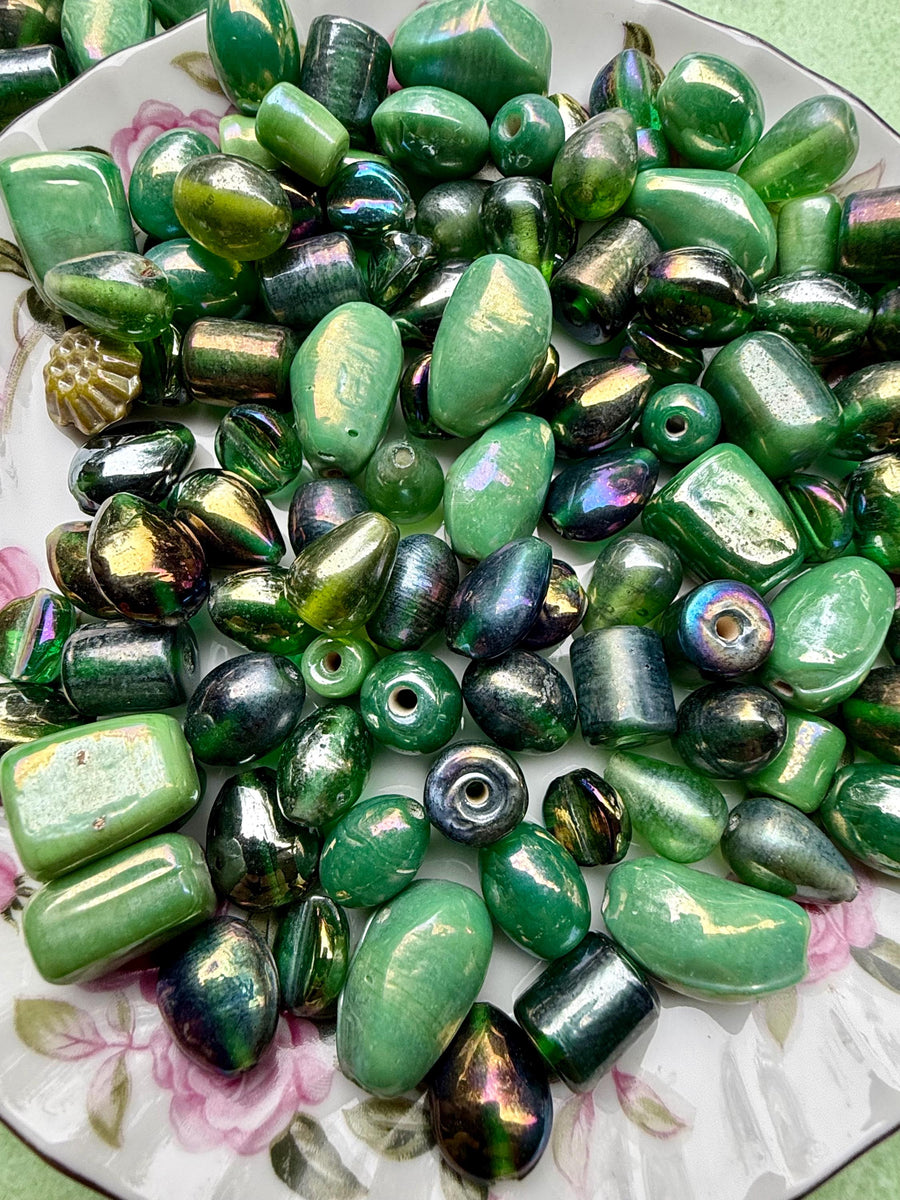 1/2 lb Enchanted Green AB Glass Beads – Iridescent Forest Mix for Jewelry Making