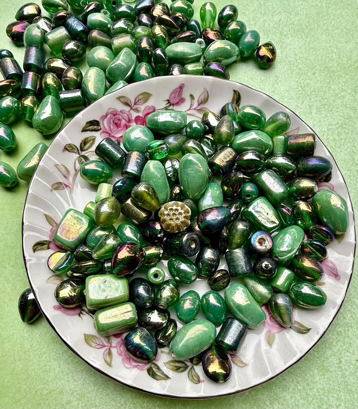 1/2 lb Enchanted Green AB Glass Beads – Iridescent Forest Mix for Jewelry Making