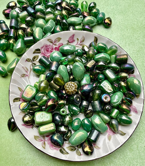 1/2 lb Enchanted Green AB Glass Beads – Iridescent Forest Mix for Jewelry Making