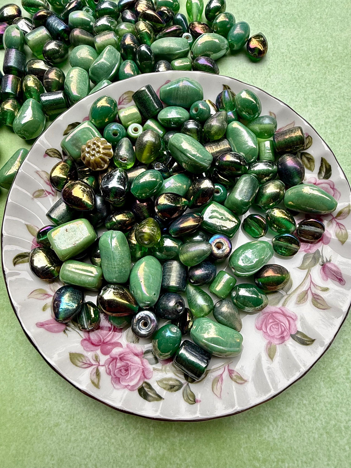 1/2 lb Enchanted Green AB Glass Beads – Iridescent Forest Mix for Jewelry Making