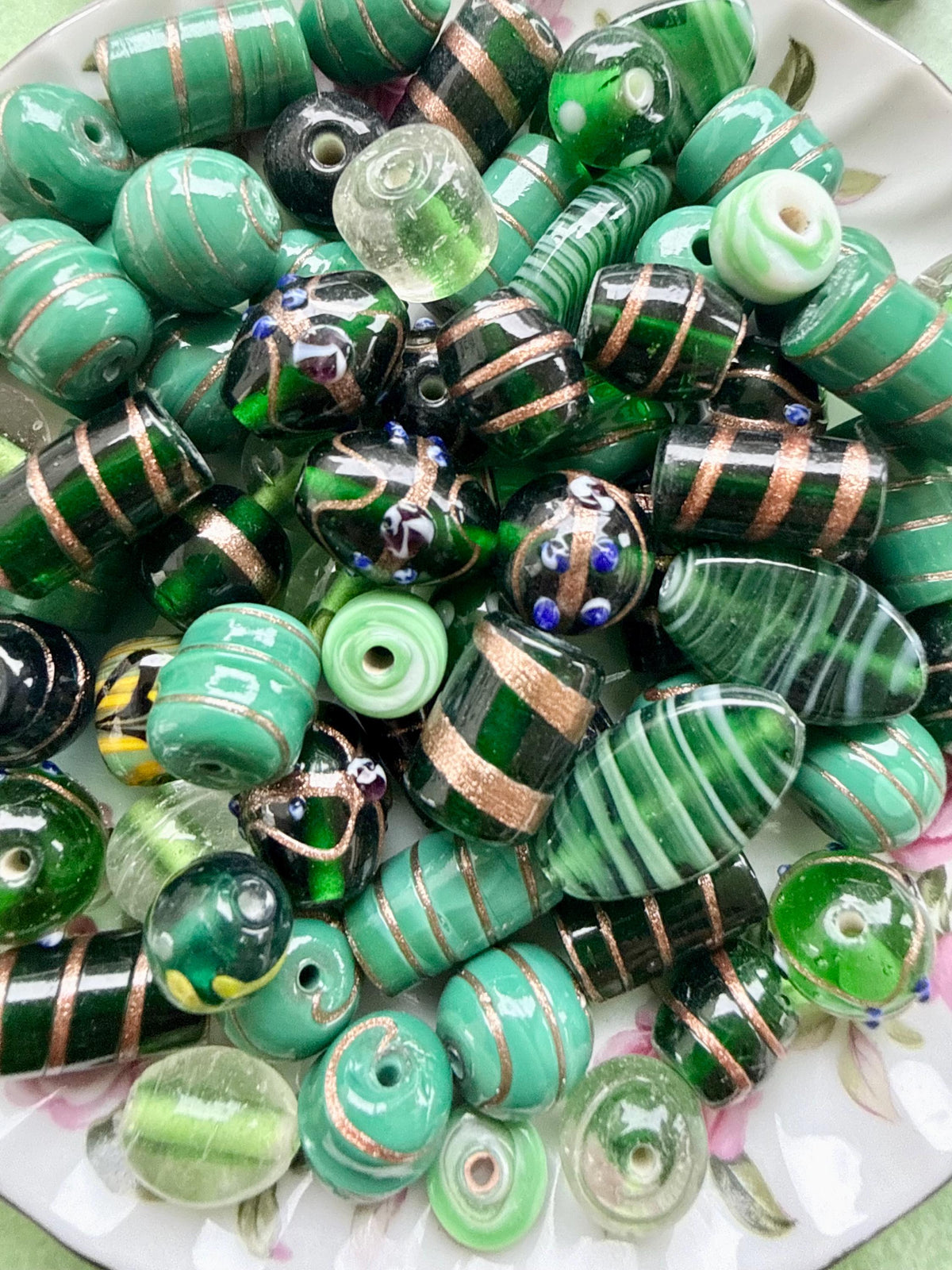 1/2 lb Forest Gold Lampwork Bead Mix – Green & Gold Glass Beads – Bulk Beads for Jewelry Making