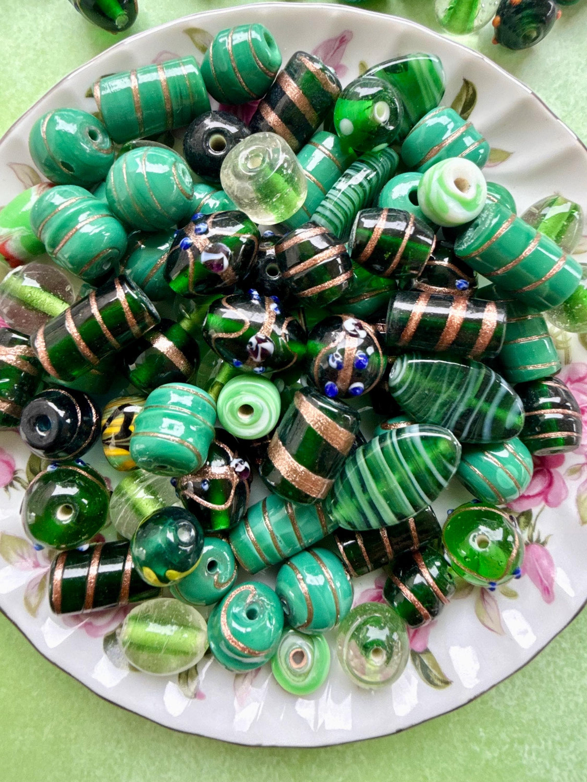 1/2 lb Forest Gold Lampwork Bead Mix – Green & Gold Glass Beads – Bulk Beads for Jewelry Making