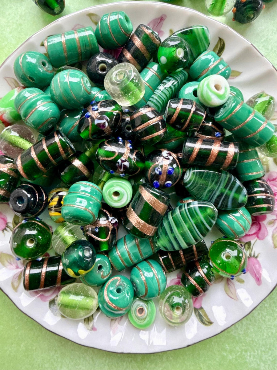 1/2 lb Forest Gold Lampwork Bead Mix – Green & Gold Glass Beads – Bulk Beads for Jewelry Making