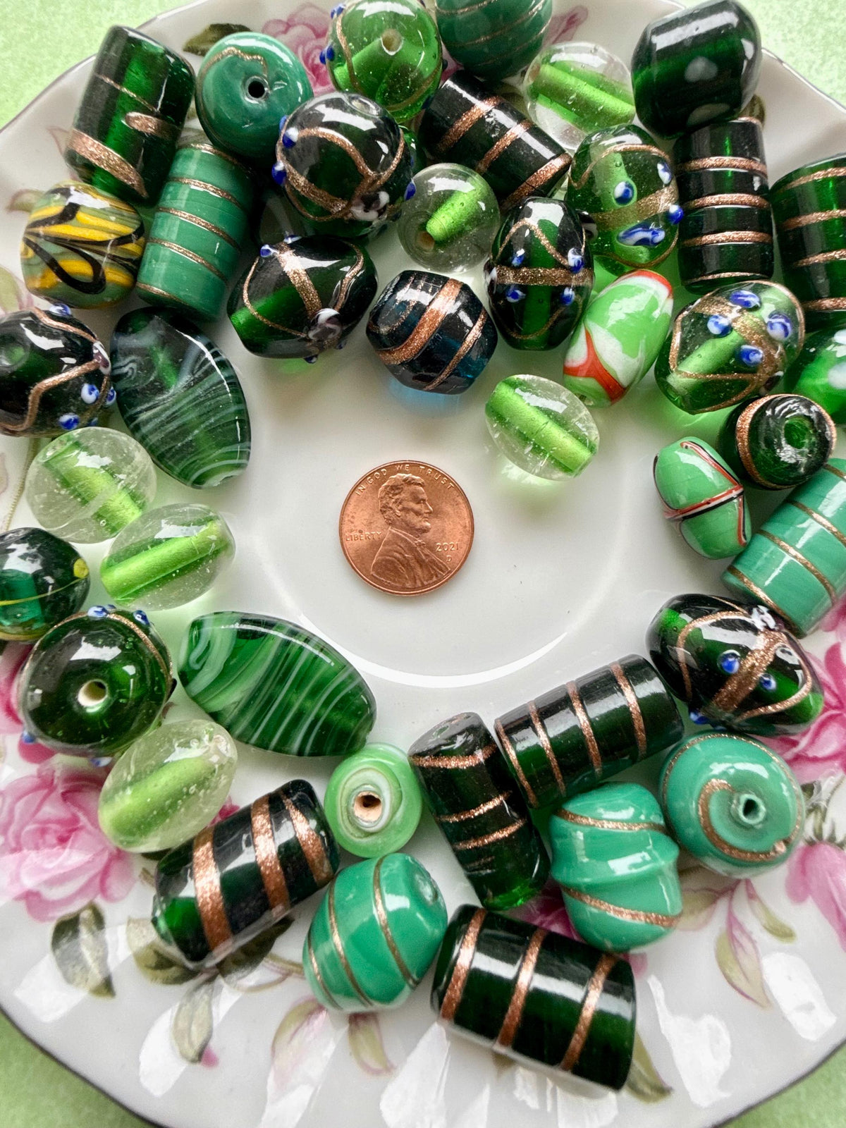 1/2 lb Forest Gold Lampwork Bead Mix – Green & Gold Glass Beads – Bulk Beads for Jewelry Making