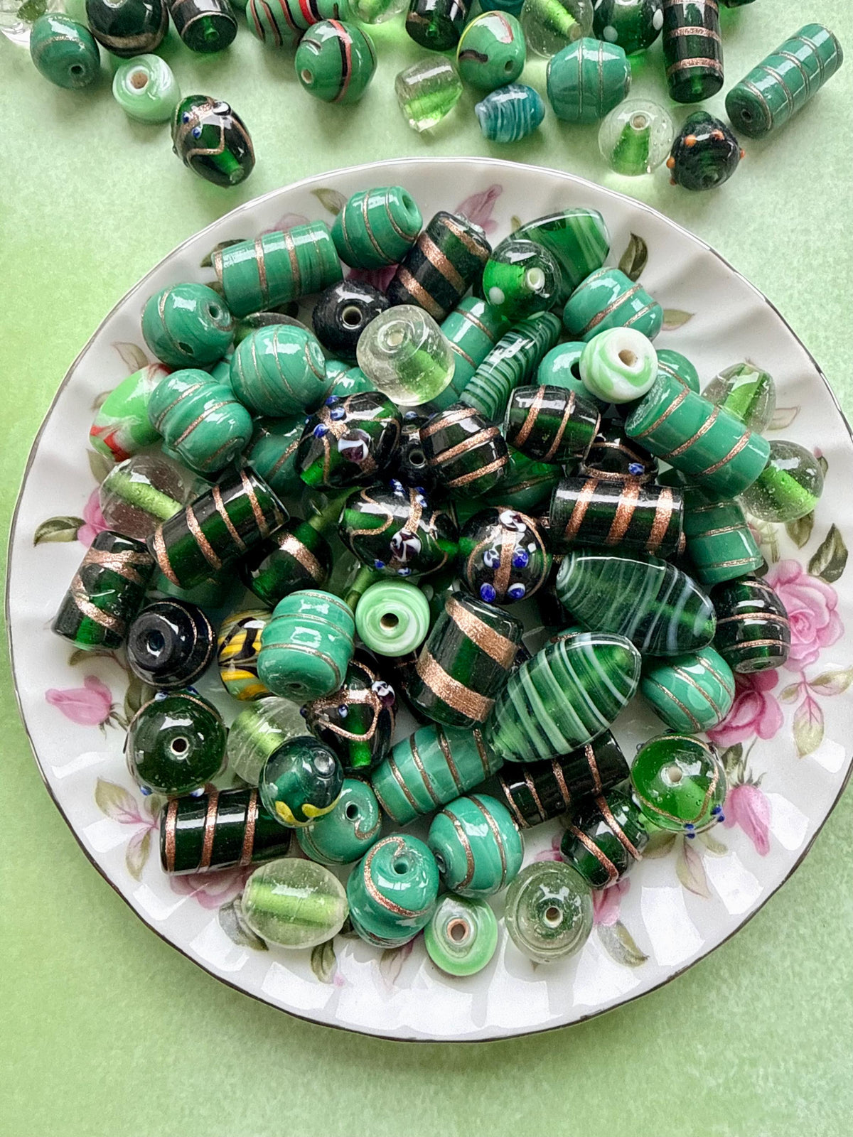 1/2 lb Forest Gold Lampwork Bead Mix – Green & Gold Glass Beads – Bulk Beads for Jewelry Making