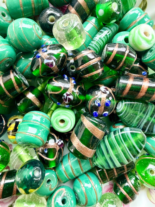 1/2 lb Forest Gold Lampwork Bead Mix – Green & Gold Glass Beads – Bulk Beads for Jewelry Making