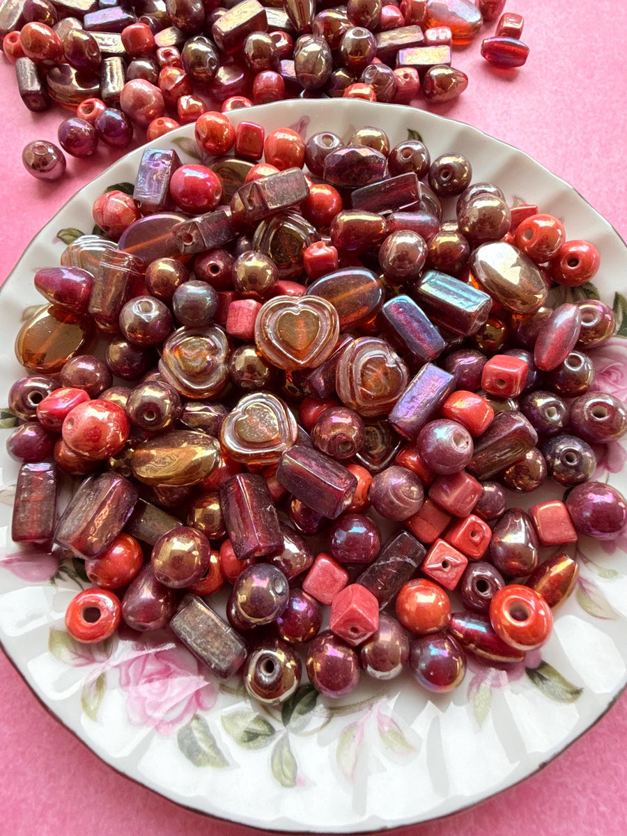 1/2 lb Cherry Red AB Glass Bead Mix – Assorted Shapes for Jewelry Making