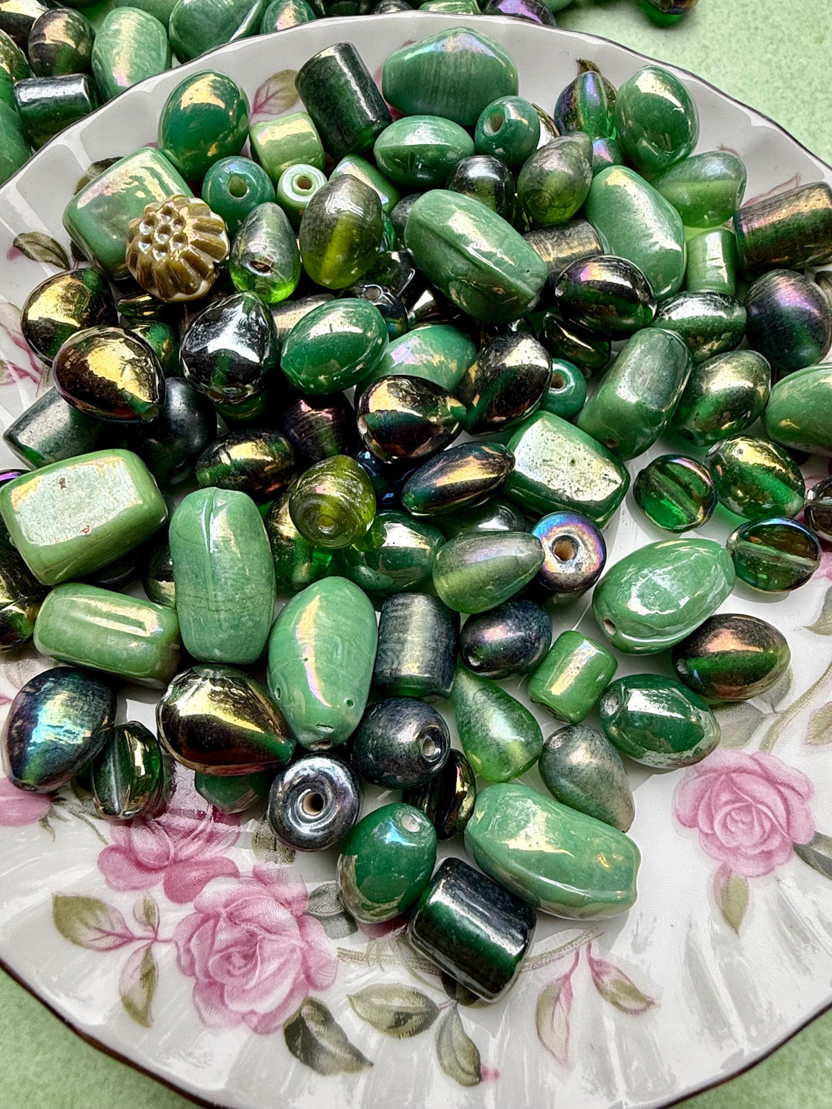 1/2 lb Enchanted Green AB Glass Beads – Iridescent Forest Mix for Jewelry Making