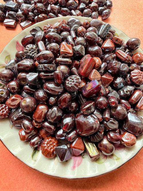 1/2 lb Burgundy Ember Glass Bead Mix – Deep Red Tones for Jewelry Making