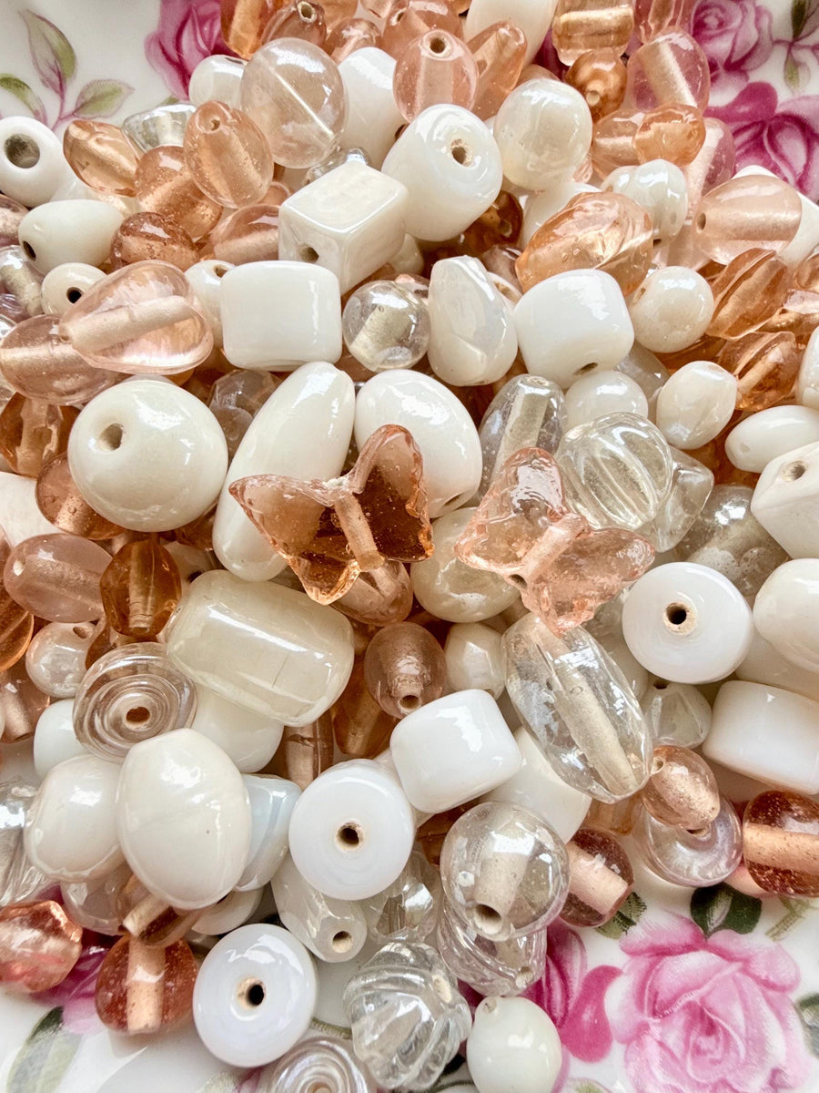 1/2 lb Champagne Cream Glass Bead Mix – Ivory & Peach Glass Beads – Bulk Beads for Jewelry Making