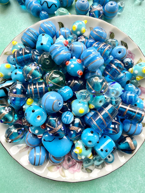 1/2 lb Blue Reef Lampwork Bead Mix – Assorted Blue Glass Beads – Bulk Beads for Jewelry Making