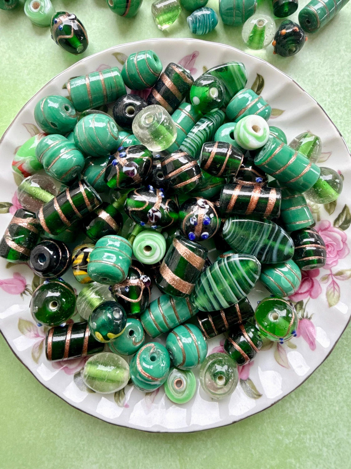 1/2 lb Forest Gold Lampwork Bead Mix – Green & Gold Glass Beads – Bulk Beads for Jewelry Making