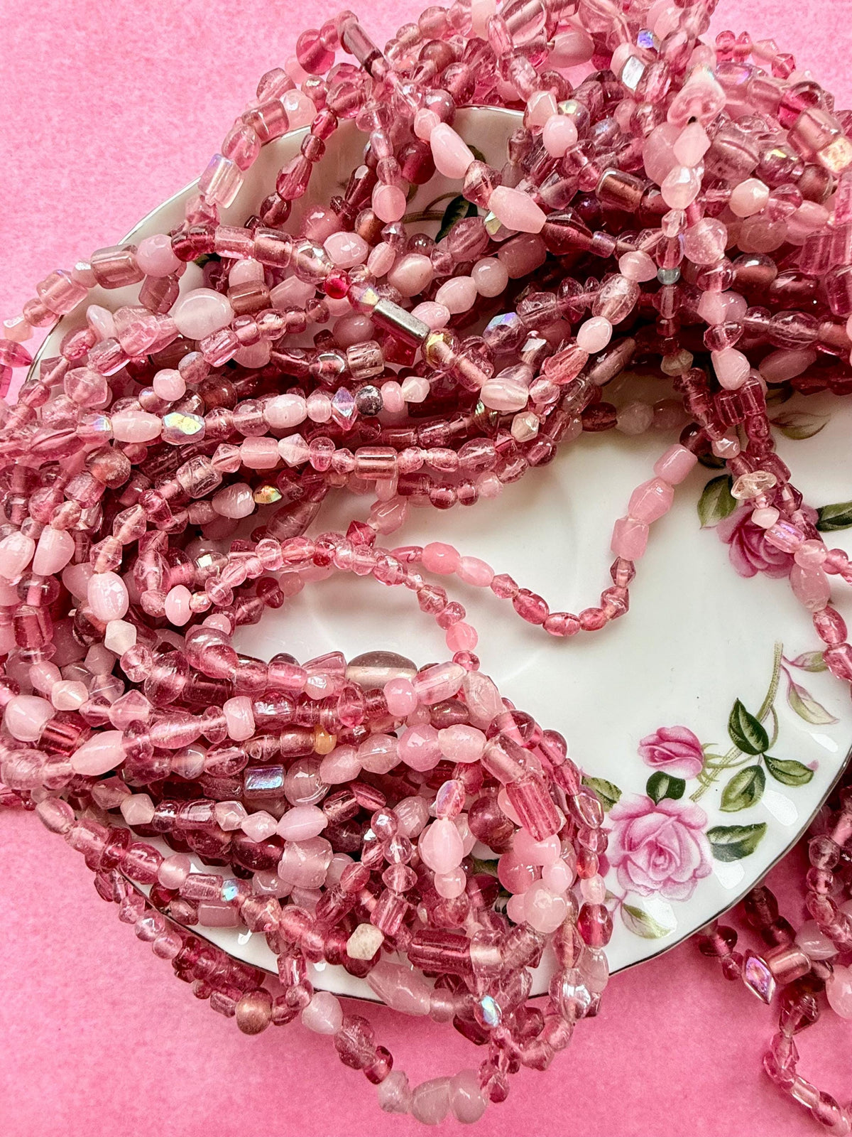 36” Strawberry Cream Glass Bead Strand Mix | 4-7mm Small Pink Assorted Bead Strand