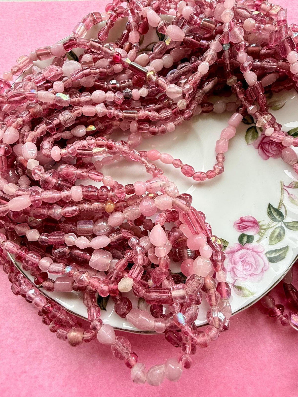 36” Strawberry Cream Glass Bead Strand Mix | 4-7mm Small Pink Assorted Bead Strand
