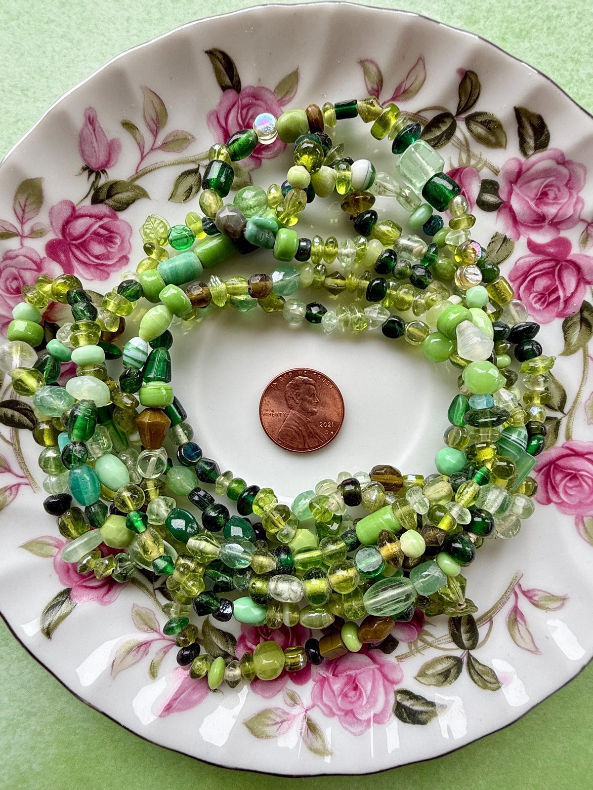 36” Spring Moss Glass Strand | 4-7mm | Small Assorted Green Bead Strands