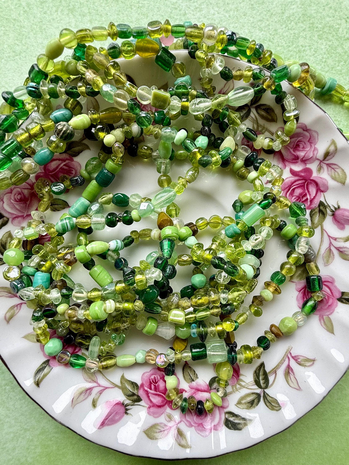 36” Spring Moss Glass Strand | 4-7mm | Small Assorted Green Bead Strands