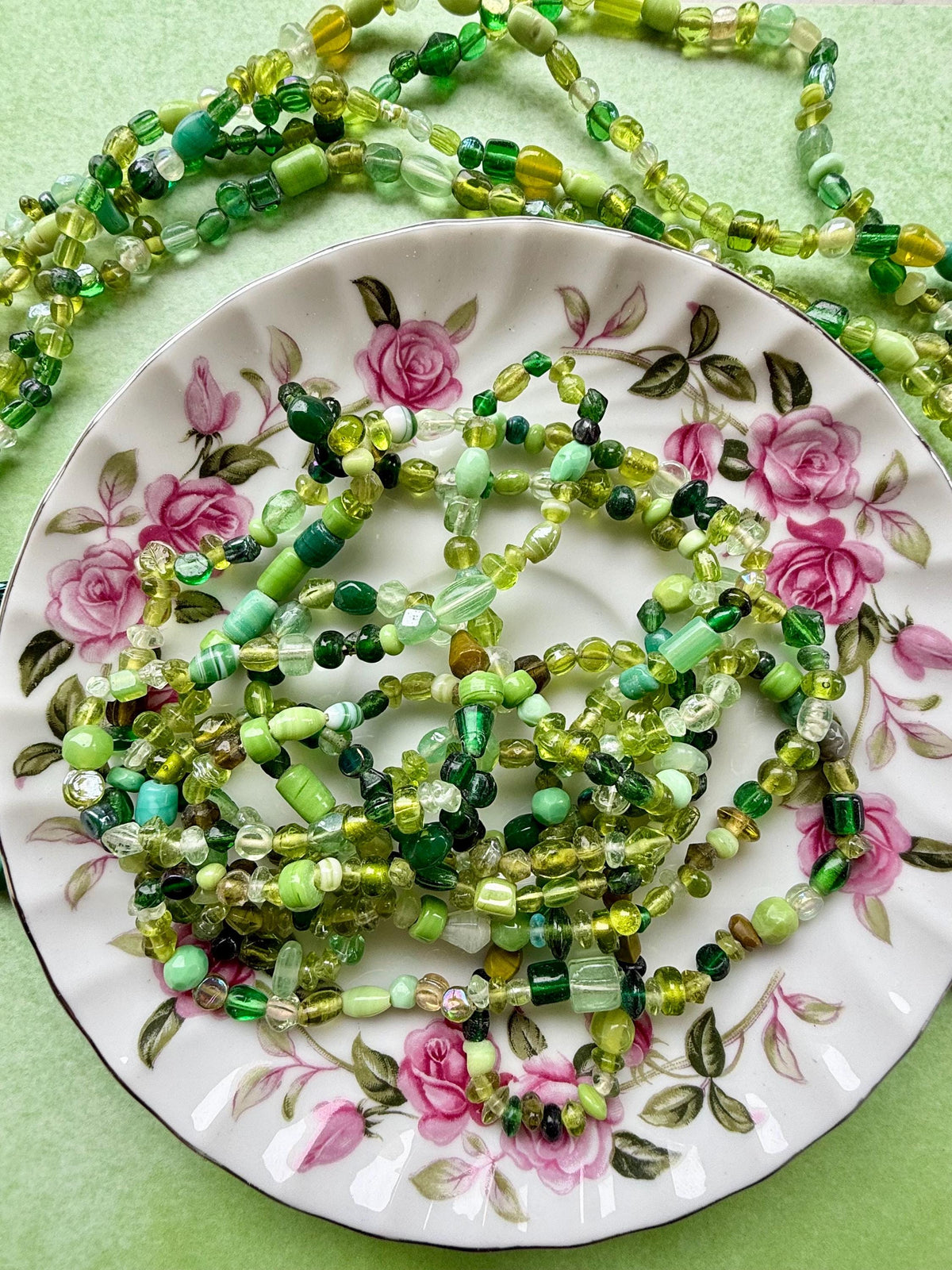 36” Spring Moss Glass Strand | 4-7mm | Small Assorted Green Bead Strands