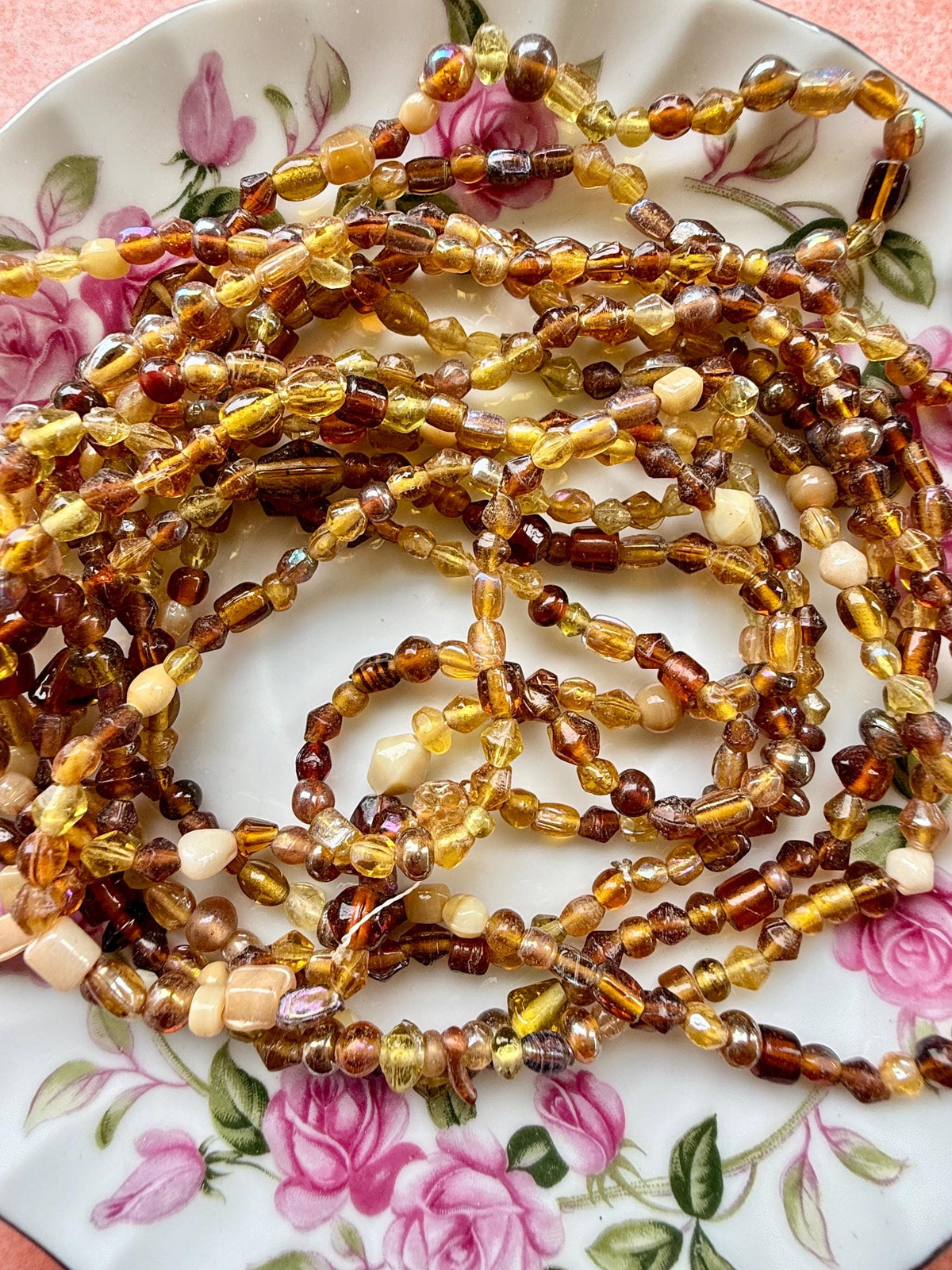 36” Honey Amber Treasure Glass Bead Strand | 4-7mm Small Assorted Bead Strands