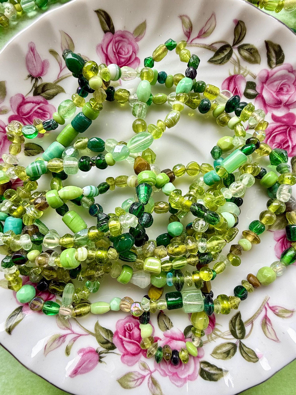 36” Spring Moss Glass Strand | 4-7mm | Small Assorted Green Bead Strands