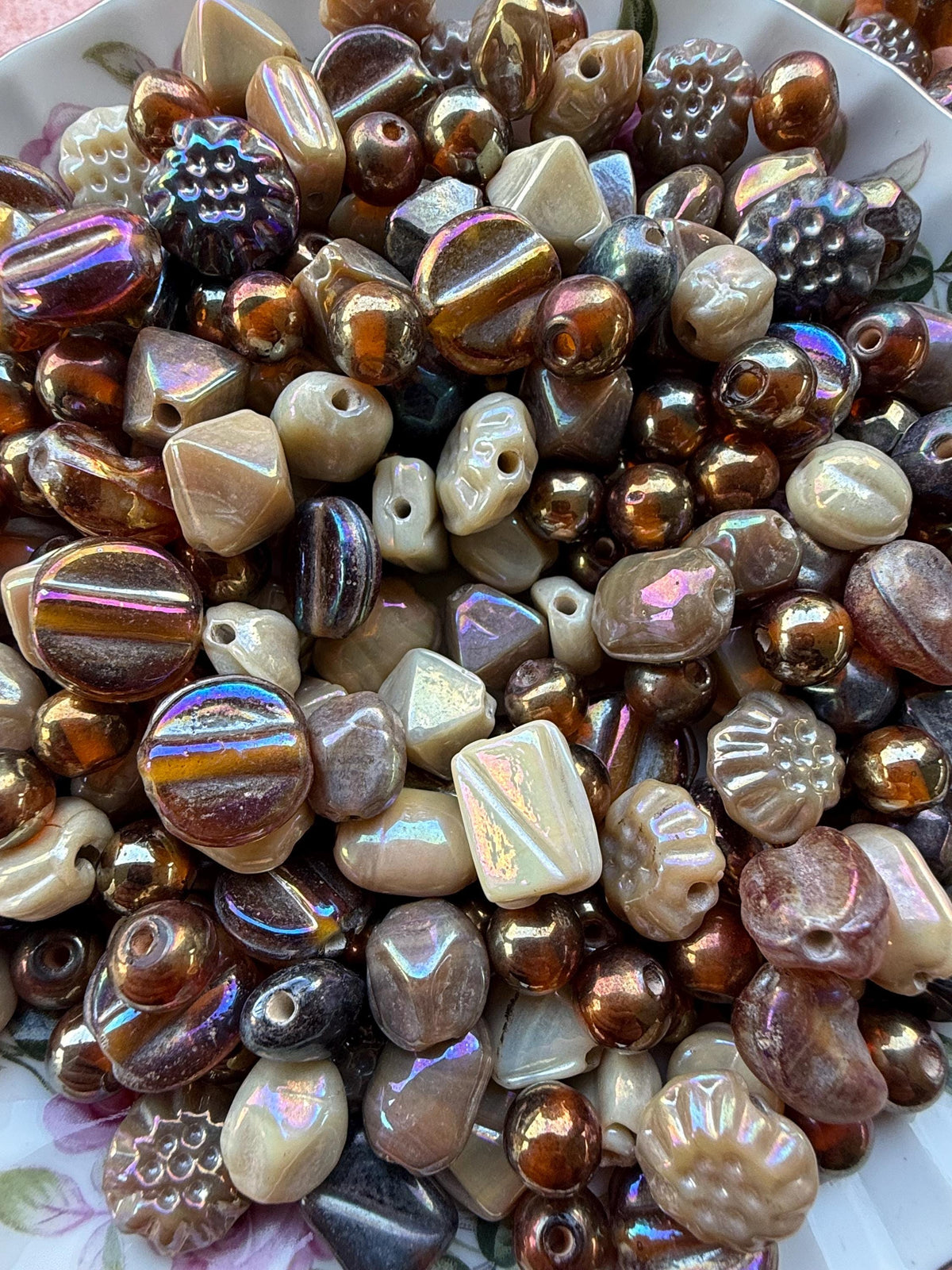 1/2 lb Bronze Aurora Blend AB | Assorted AB Glass Beads | Earth Tone Mix | Bronze & Cream Craft Beads | Jewelry Making Supplies
