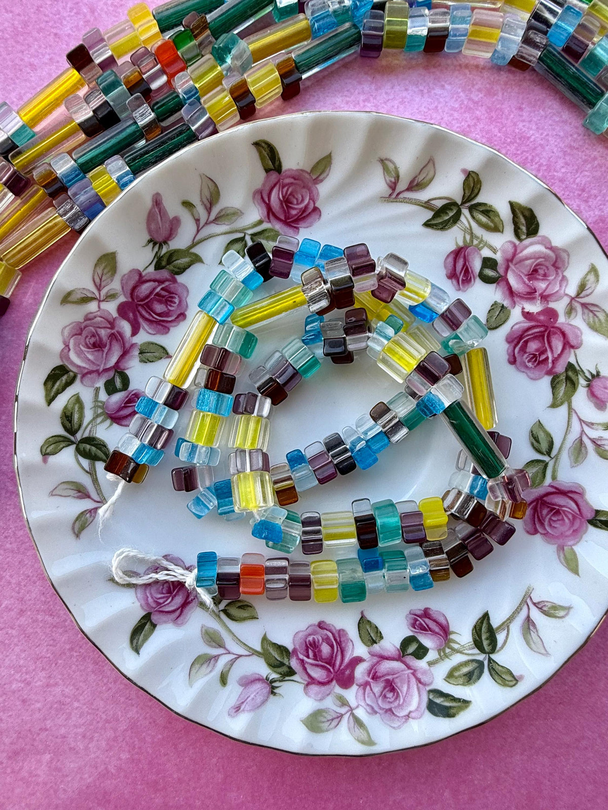 24” Lemonade Mix Cane Glass Bead Strand | Assorted Cube & Tube Beads | Jewelry Making Supplies