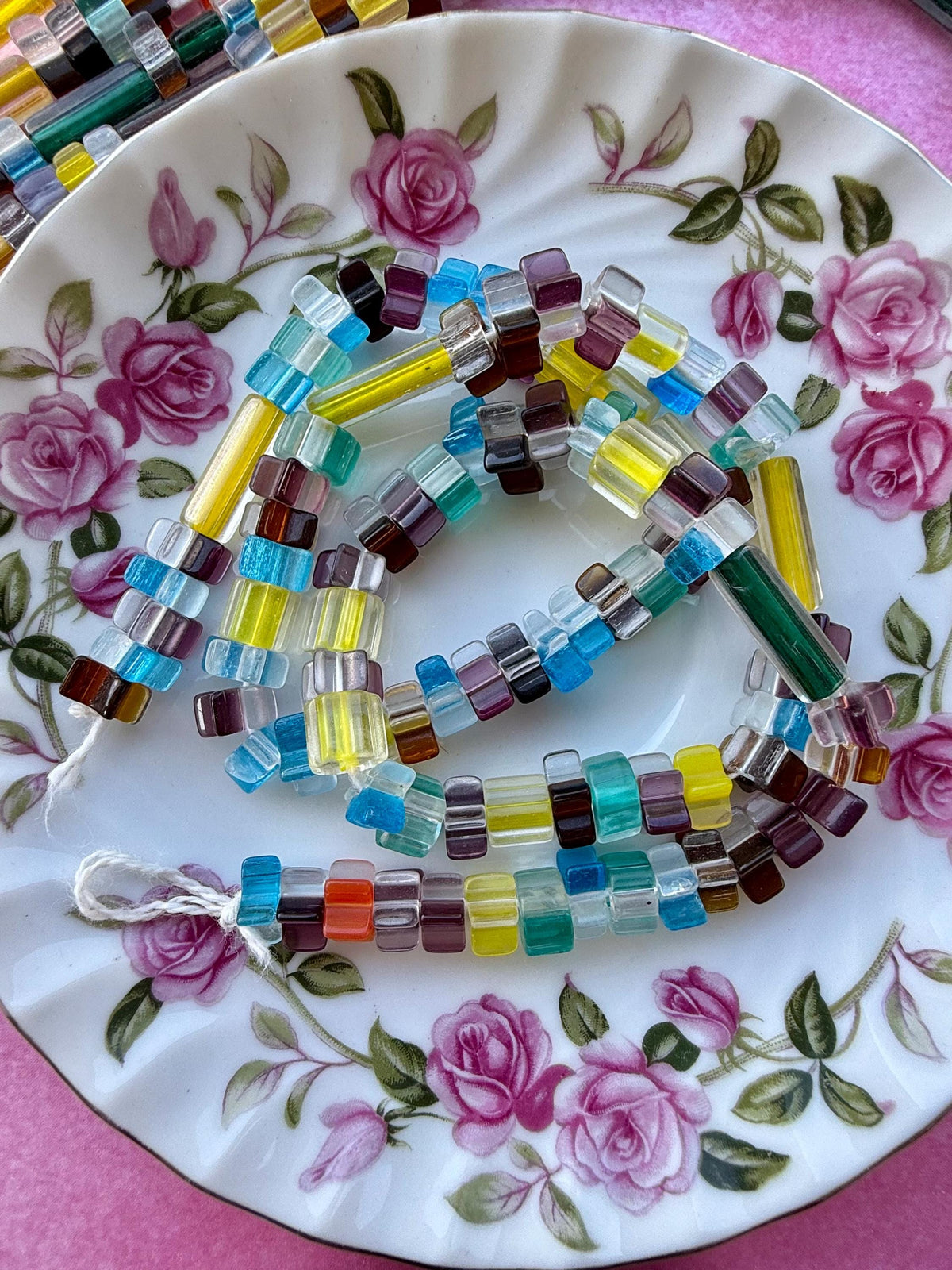 24” Lemonade Mix Cane Glass Bead Strand | Assorted Cube & Tube Beads | Jewelry Making Supplies