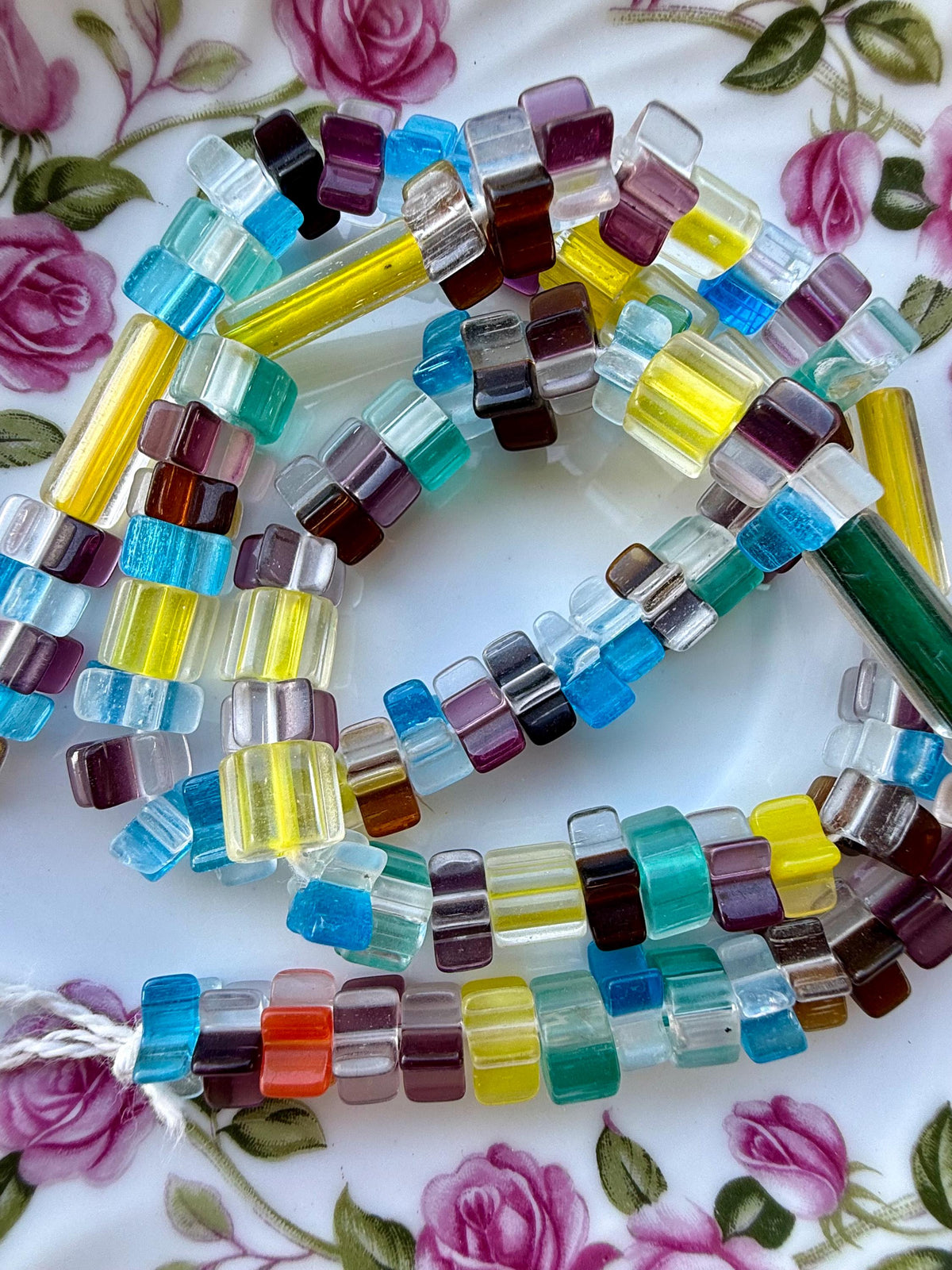 24” Lemonade Mix Cane Glass Bead Strand | Assorted Cube & Tube Beads | Jewelry Making Supplies