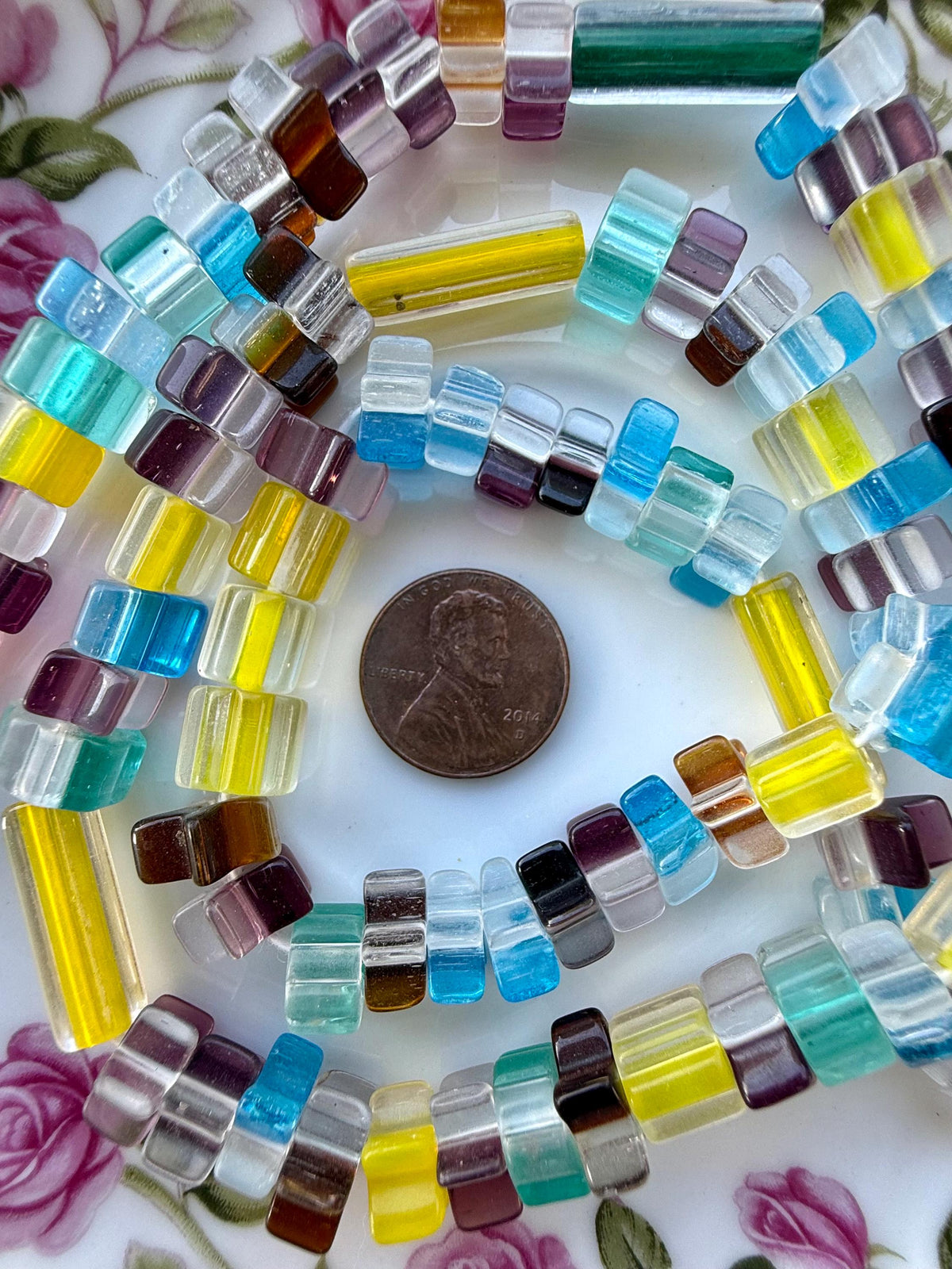 24” Lemonade Mix Cane Glass Bead Strand | Assorted Cube & Tube Beads | Jewelry Making Supplies