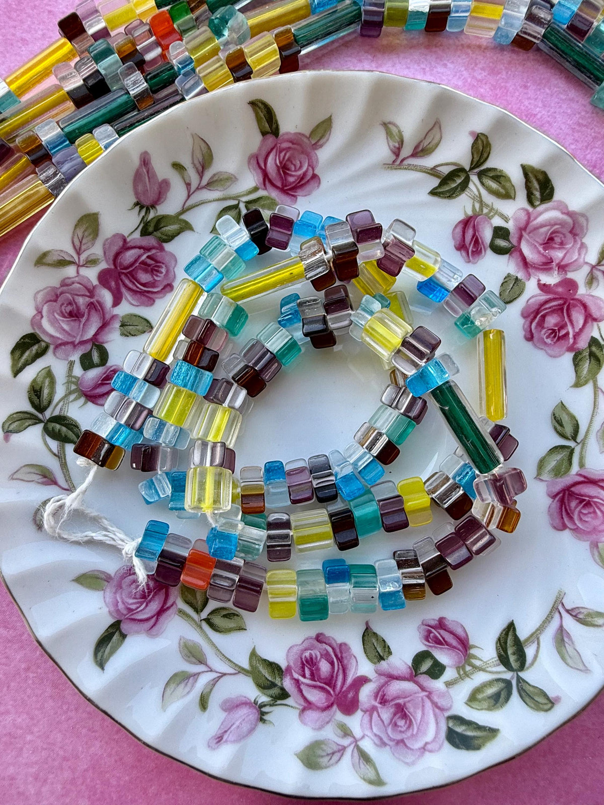 24” Lemonade Mix Cane Glass Bead Strand | Assorted Cube & Tube Beads | Jewelry Making Supplies
