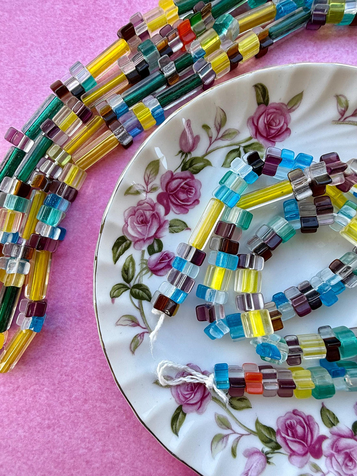 24” Lemonade Mix Cane Glass Bead Strand | Assorted Cube & Tube Beads | Jewelry Making Supplies