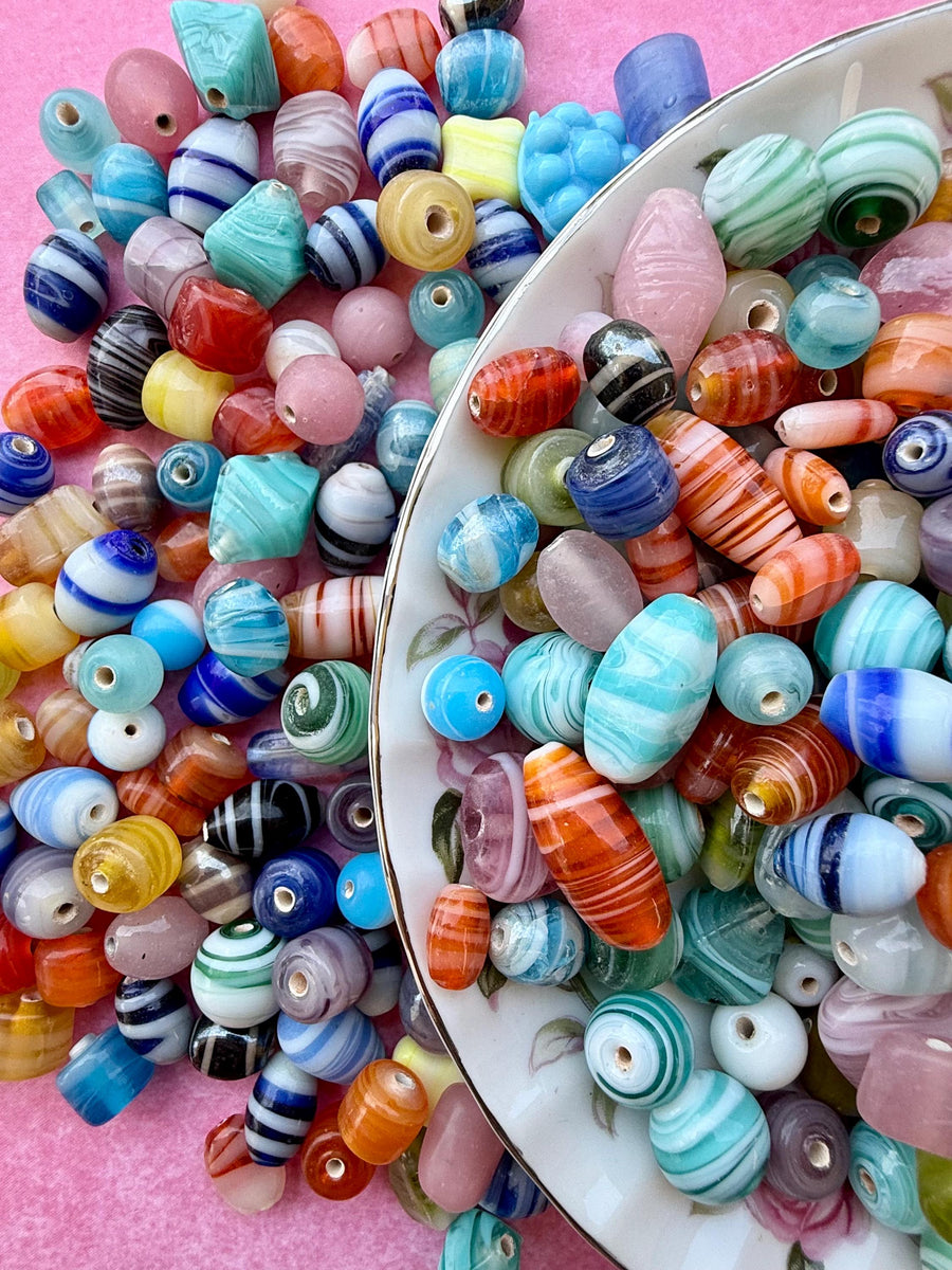 1/2 lb Retro Candy Glass Bead Mix – Assorted Striped & Colorful Glass Beads, Vintage Style Bead Soup, Bulk Jewelry Making Beads