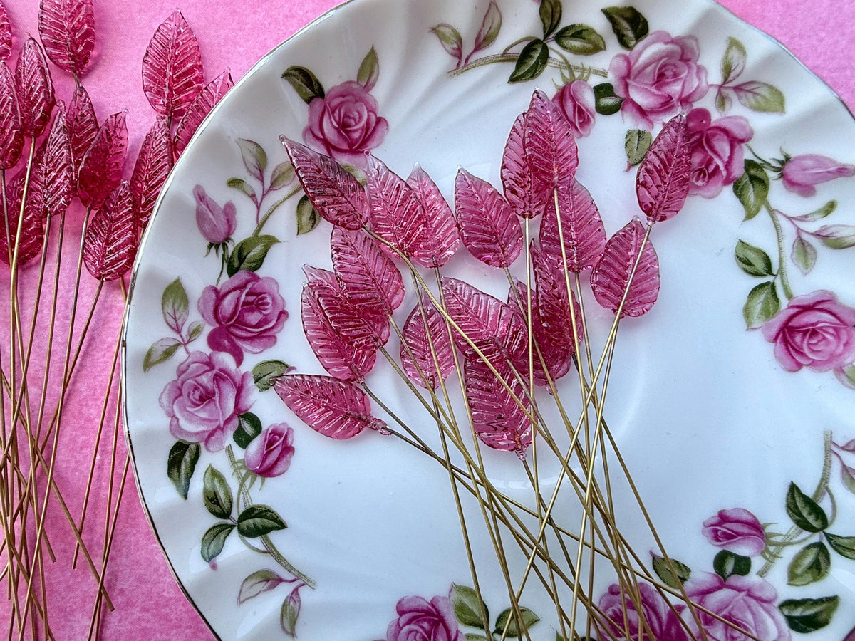 25 Raspberry Rose Glass Leaf Headpins on Raw Brass Wire, Vintage-Inspired Floral Jewelry Findings, Wired Leaves for Crafts