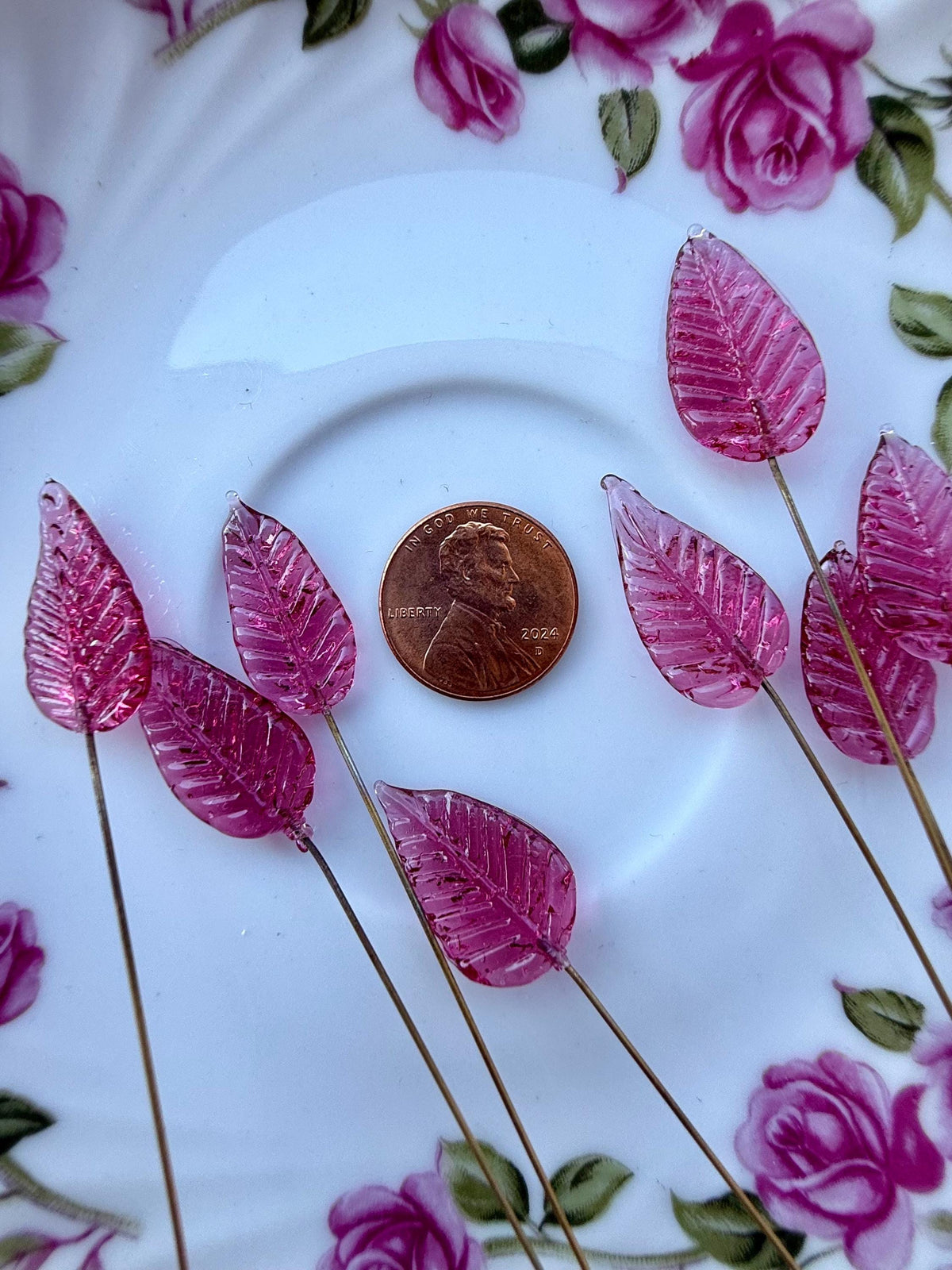 25 Raspberry Rose Glass Leaf Headpins on Raw Brass Wire, Vintage-Inspired Floral Jewelry Findings, Wired Leaves for Crafts