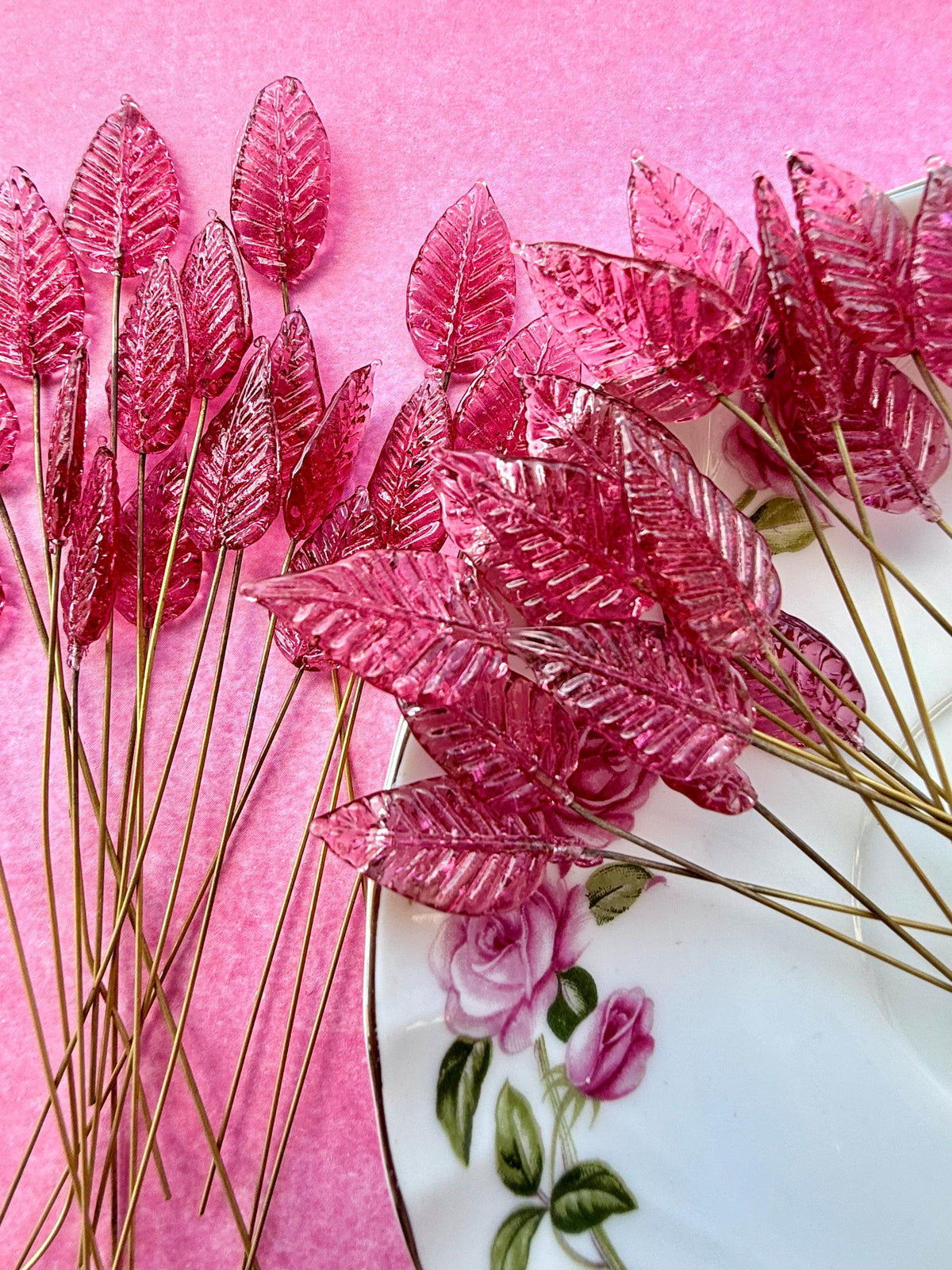 25 Raspberry Rose Glass Leaf Headpins on Raw Brass Wire, Vintage-Inspired Floral Jewelry Findings, Wired Leaves for Crafts