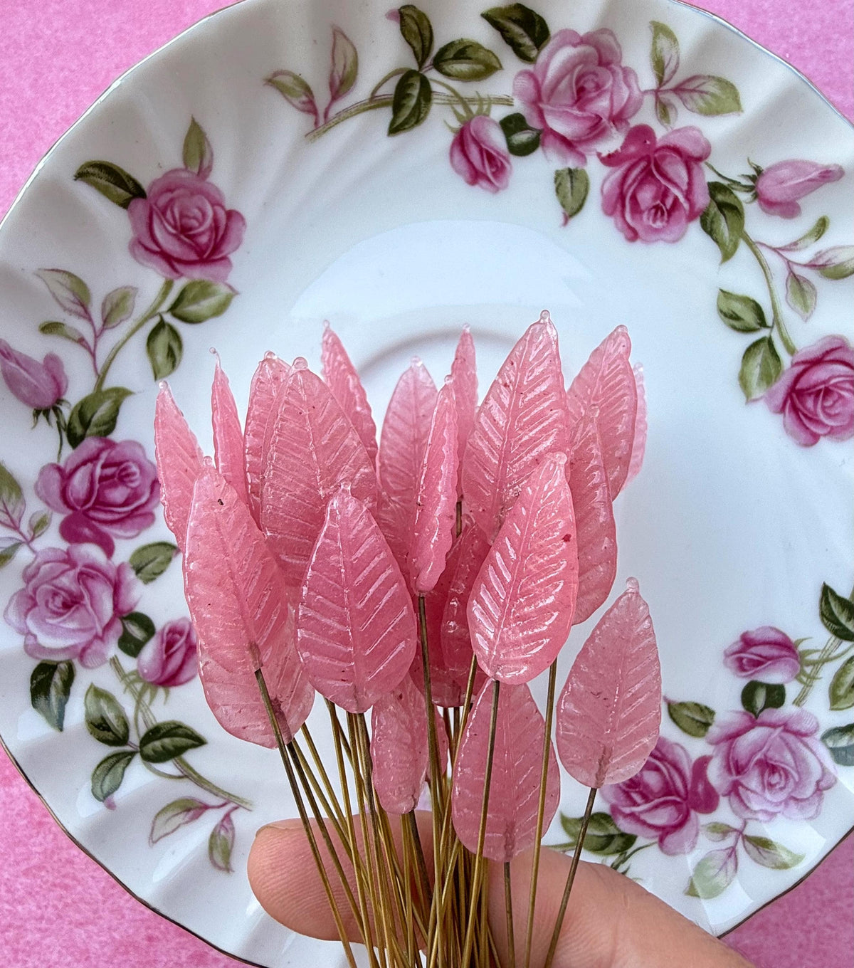 25 Plasma Pink Glass Leaf Headpins on Raw Brass Wire, Vintage-Inspired Floral Jewelry Findings, Wired Leaves for Crafts