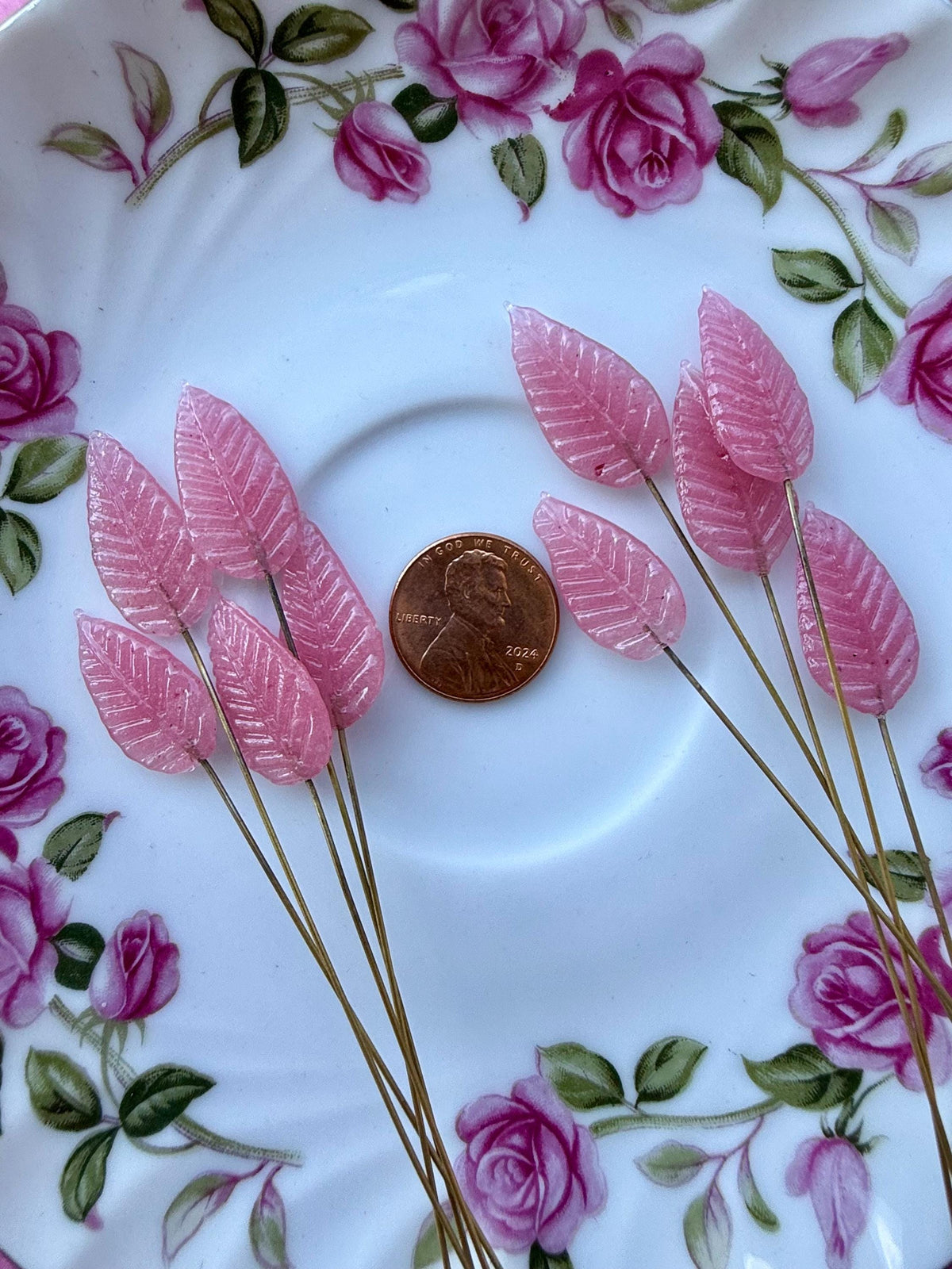 25 Plasma Pink Glass Leaf Headpins on Raw Brass Wire, Vintage-Inspired Floral Jewelry Findings, Wired Leaves for Crafts