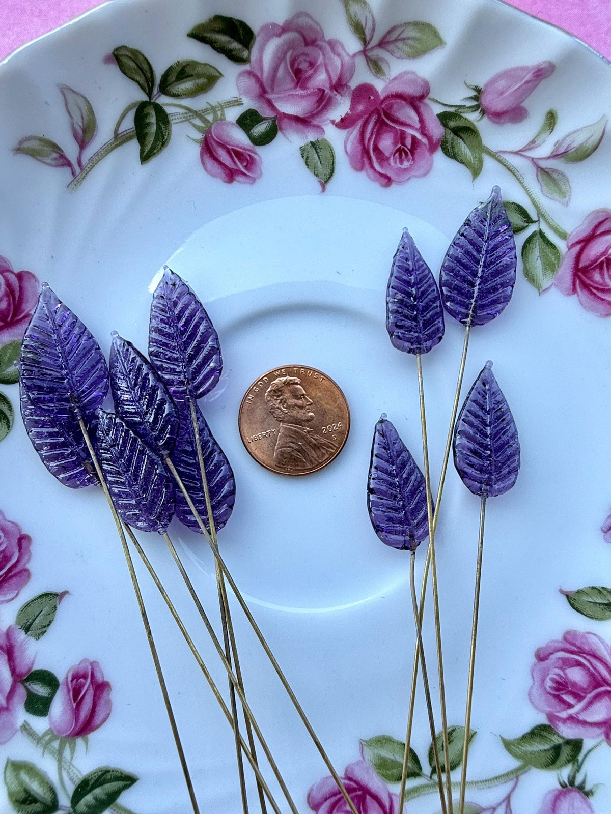 25 Purple Nebula Glass Leaf Headpins on Raw Brass Wire, Vintage-Inspired Floral Jewelry Findings, Wired Leaves for Crafts