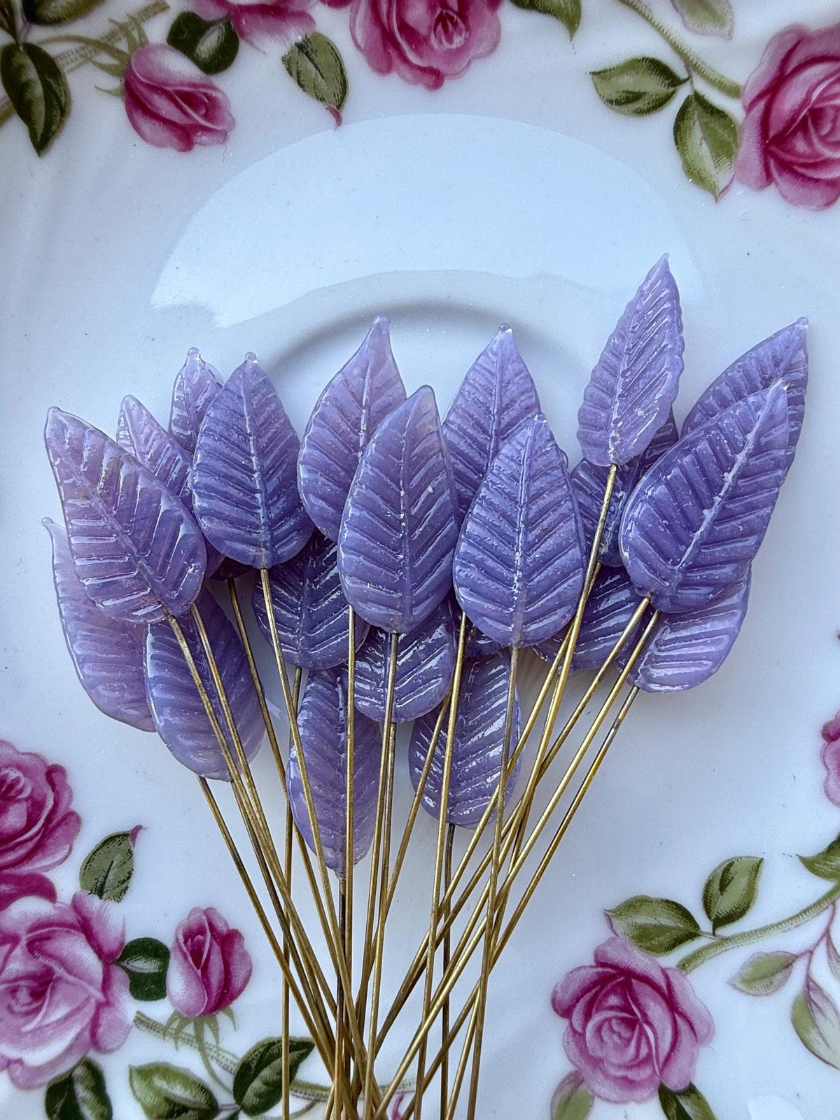 25 Lunar Lilac Glass Leaf Headpins on Raw Brass Wire, Vintage-Inspired Floral Jewelry Findings, Wired Leaves for Crafts