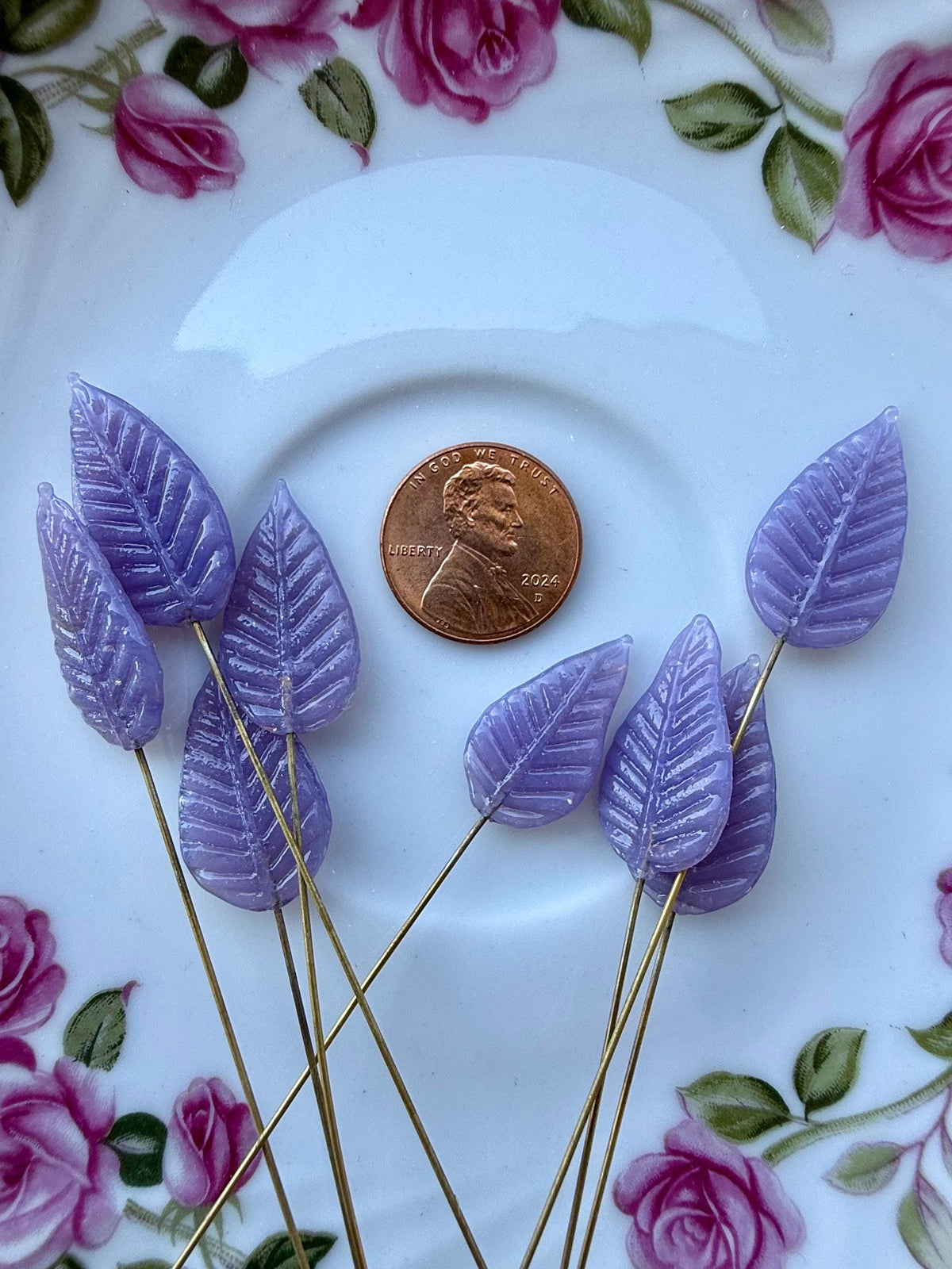25 Lunar Lilac Glass Leaf Headpins on Raw Brass Wire, Vintage-Inspired Floral Jewelry Findings, Wired Leaves for Crafts