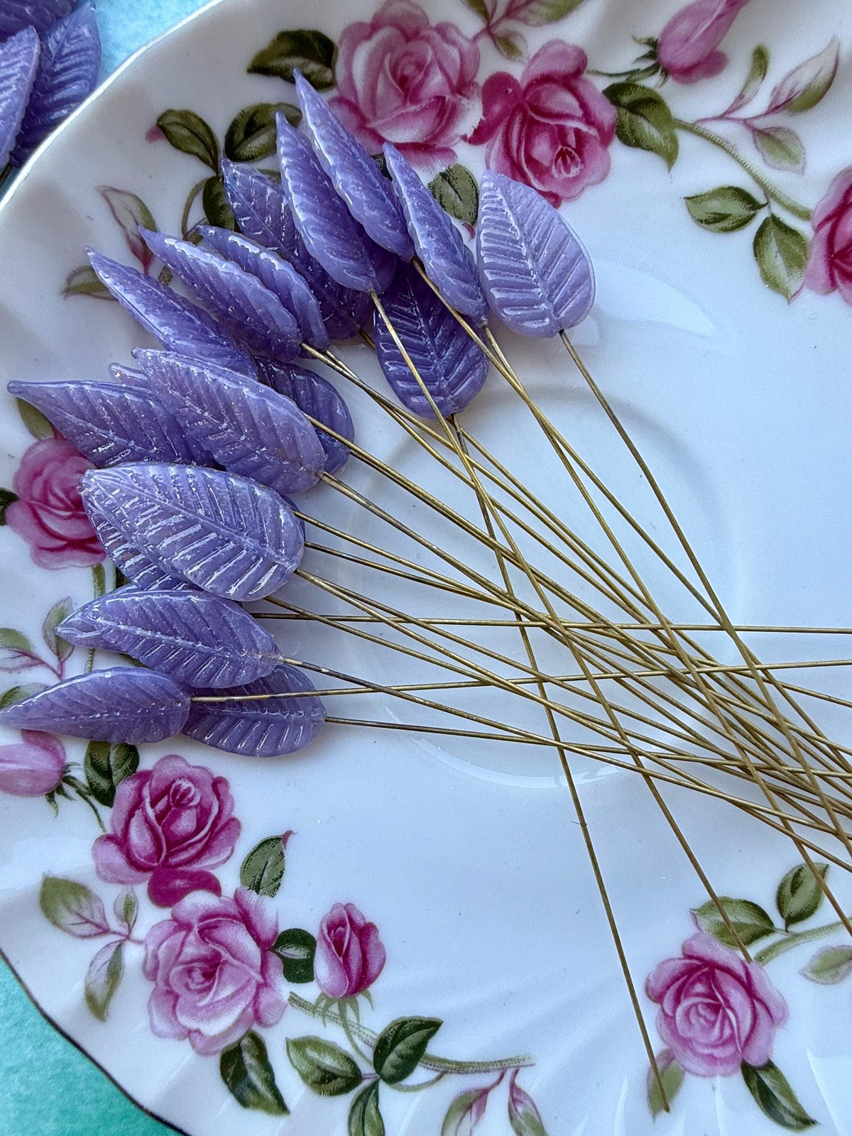 25 Lunar Lilac Glass Leaf Headpins on Raw Brass Wire, Vintage-Inspired Floral Jewelry Findings, Wired Leaves for Crafts