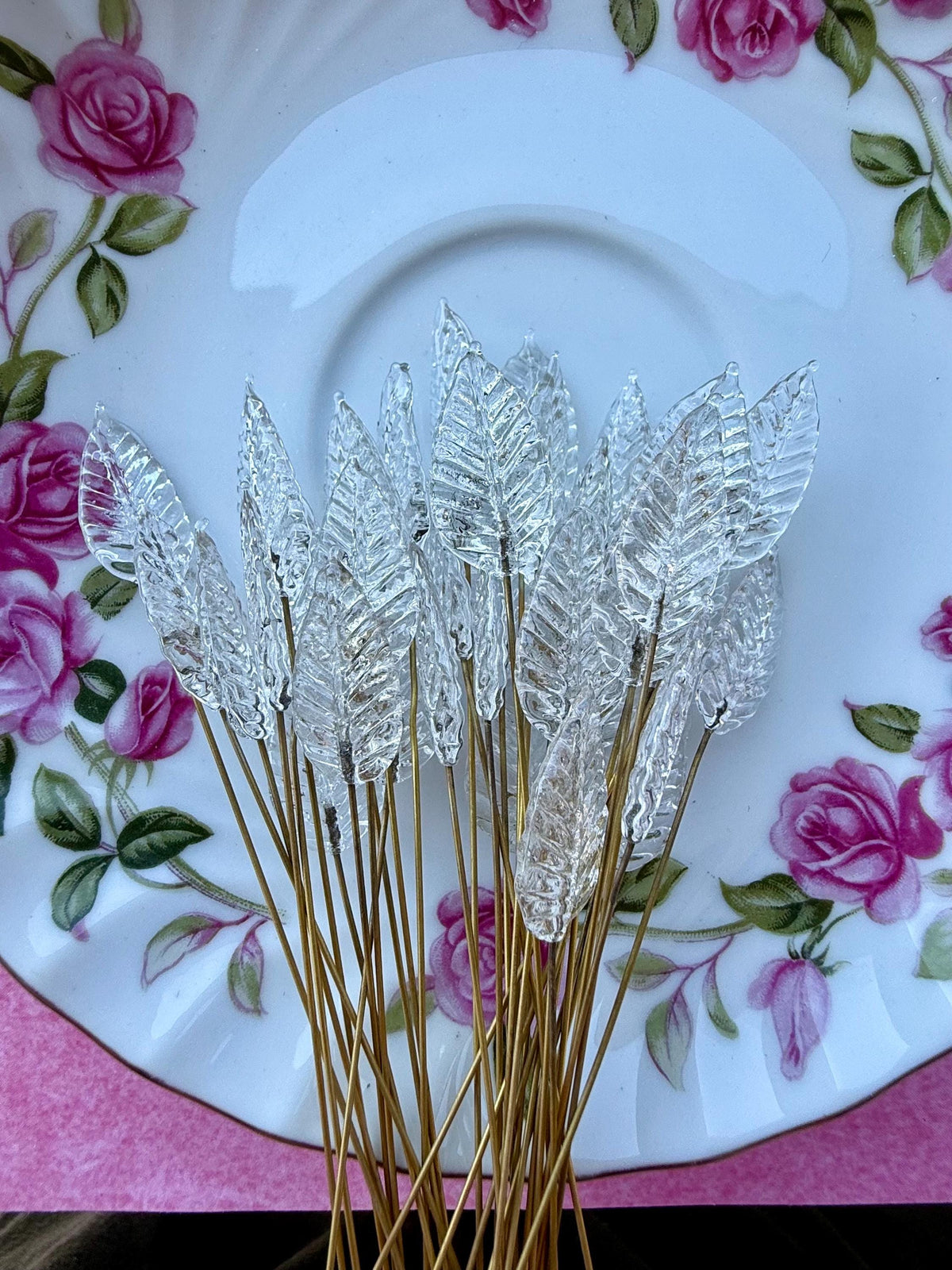 25 Starlit Ice Clear Glass Leaf Headpins on Raw Brass Wire, Vintage-Inspired Floral Jewelry Findings, Wired Leaves for Crafts