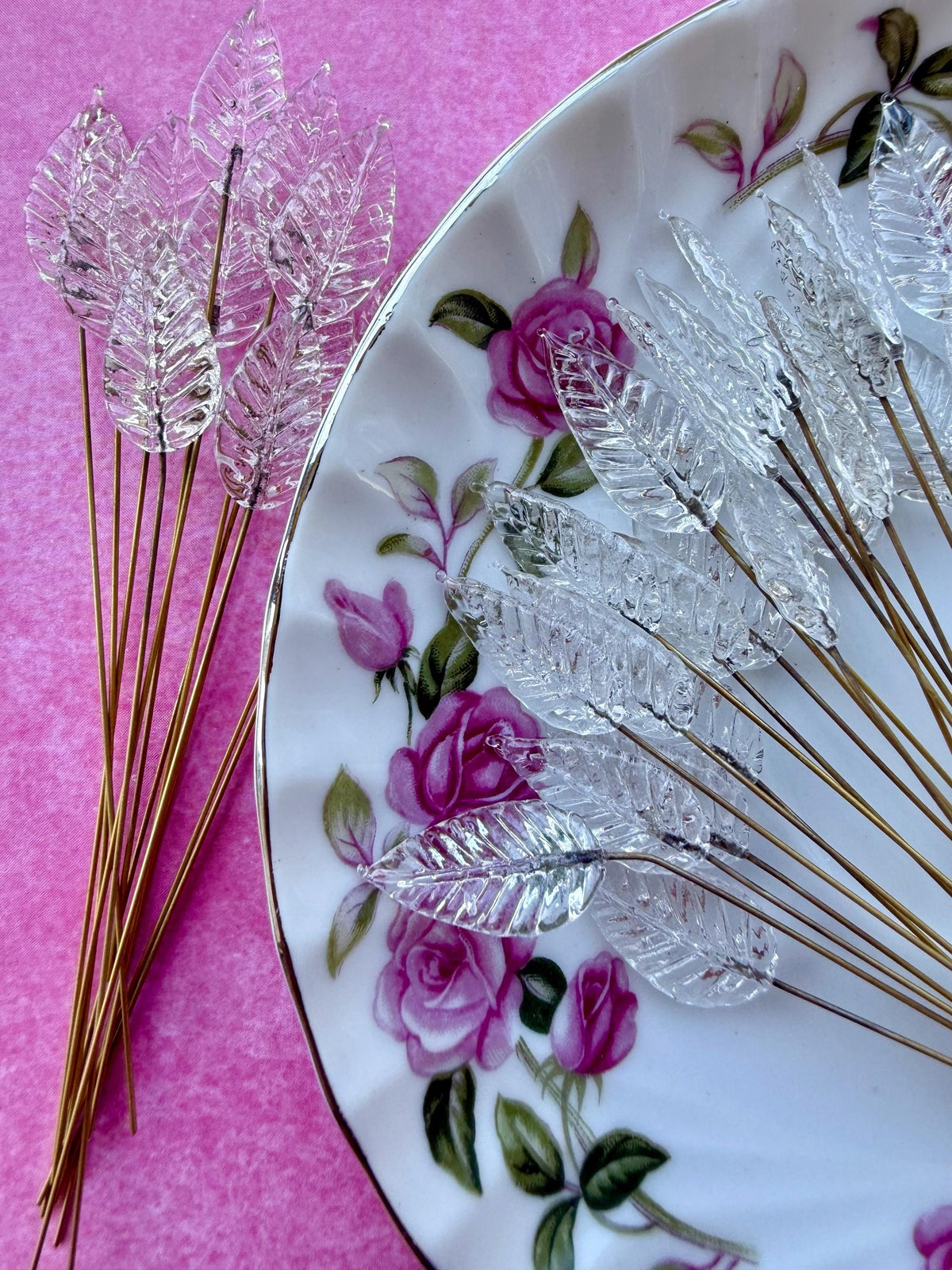 25 Starlit Ice Clear Glass Leaf Headpins on Raw Brass Wire, Vintage-Inspired Floral Jewelry Findings, Wired Leaves for Crafts