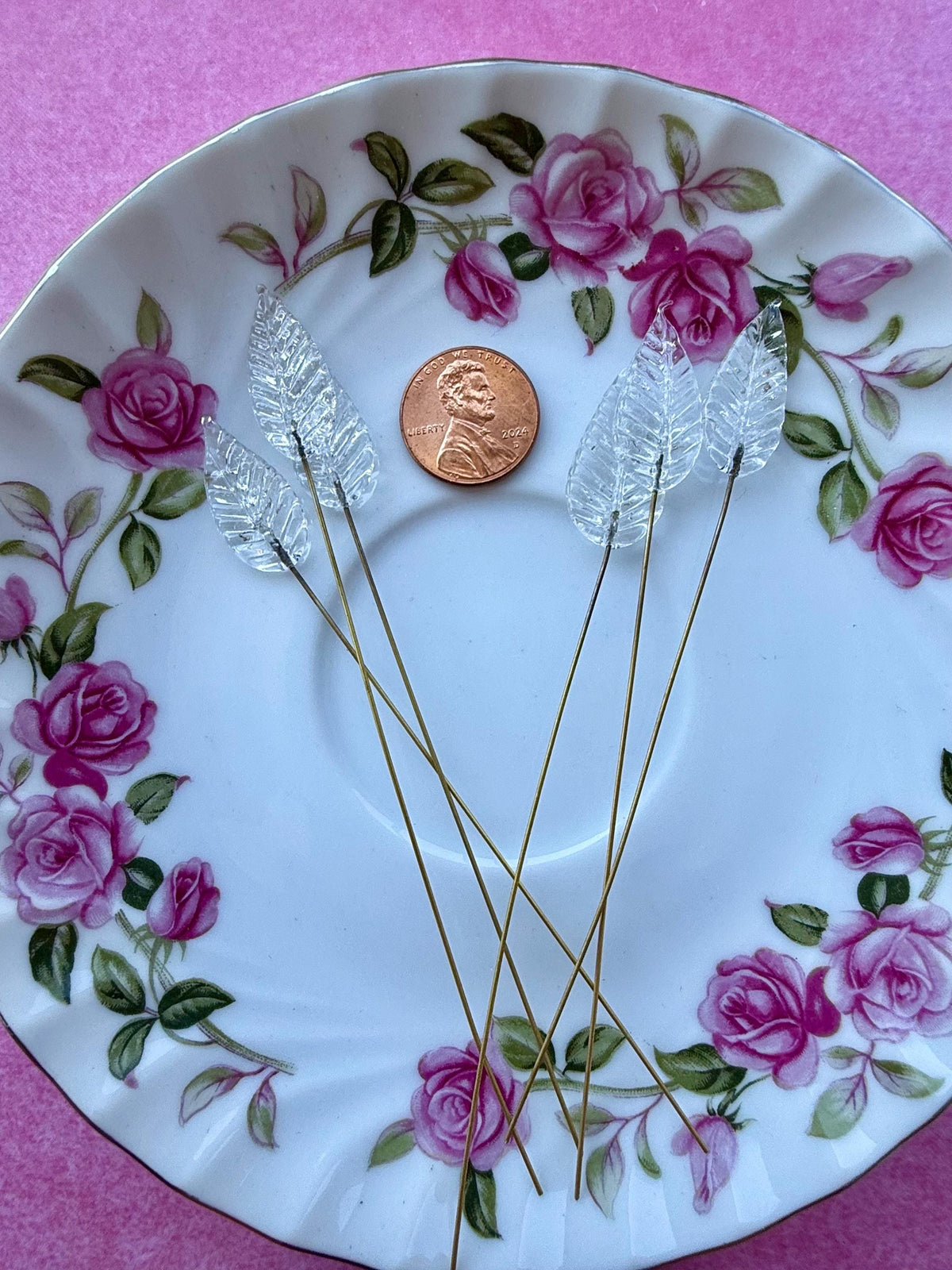 25 Starlit Ice Clear Glass Leaf Headpins on Raw Brass Wire, Vintage-Inspired Floral Jewelry Findings, Wired Leaves for Crafts