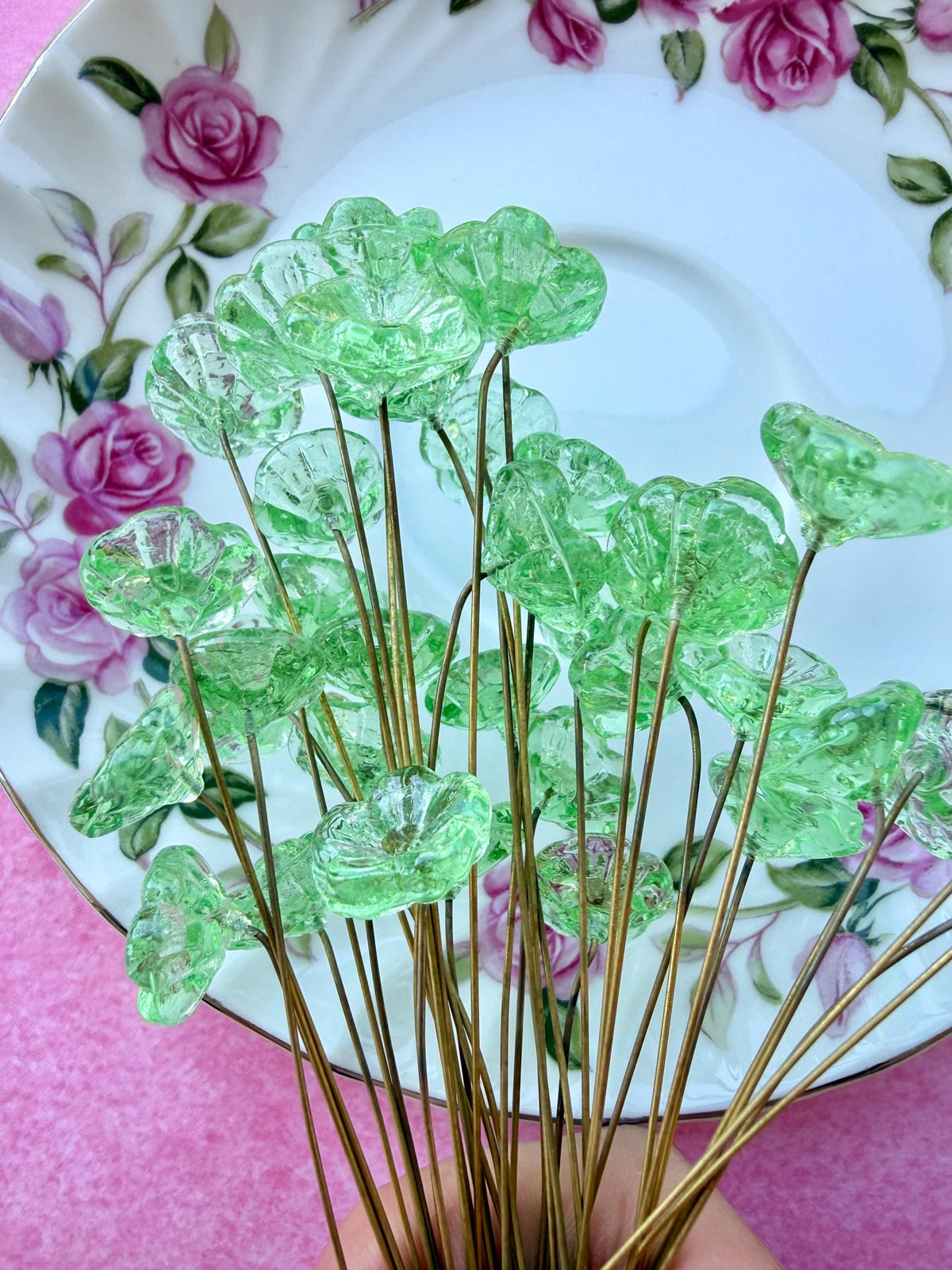 25 Fairy Glow Green Glass Flower Headpins on Raw Brass Wire, Vintage-Inspired Floral Jewelry Findings, Wired Flowers for Crafts