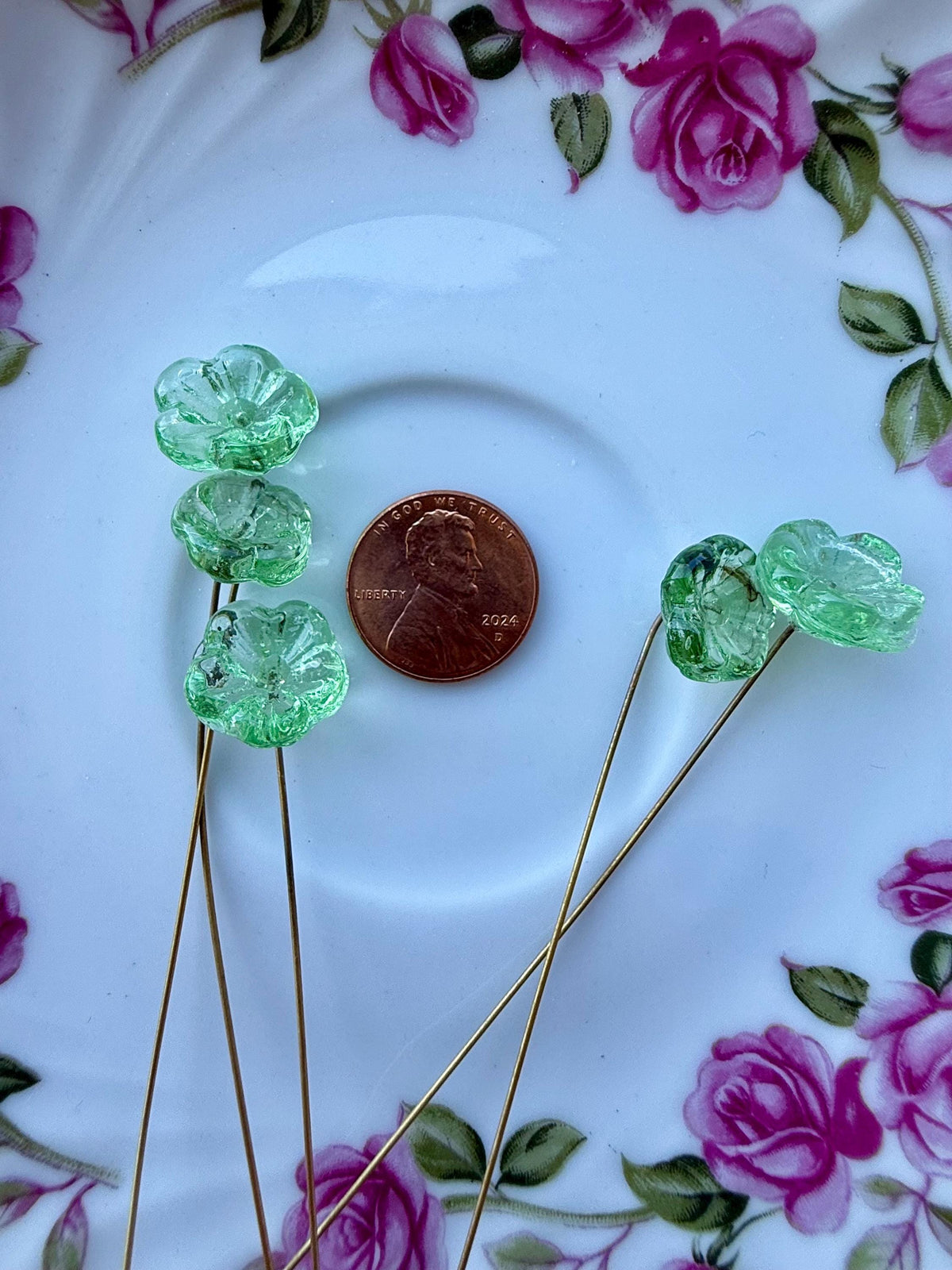 25 Fairy Glow Green Glass Flower Headpins on Raw Brass Wire, Vintage-Inspired Floral Jewelry Findings, Wired Flowers for Crafts