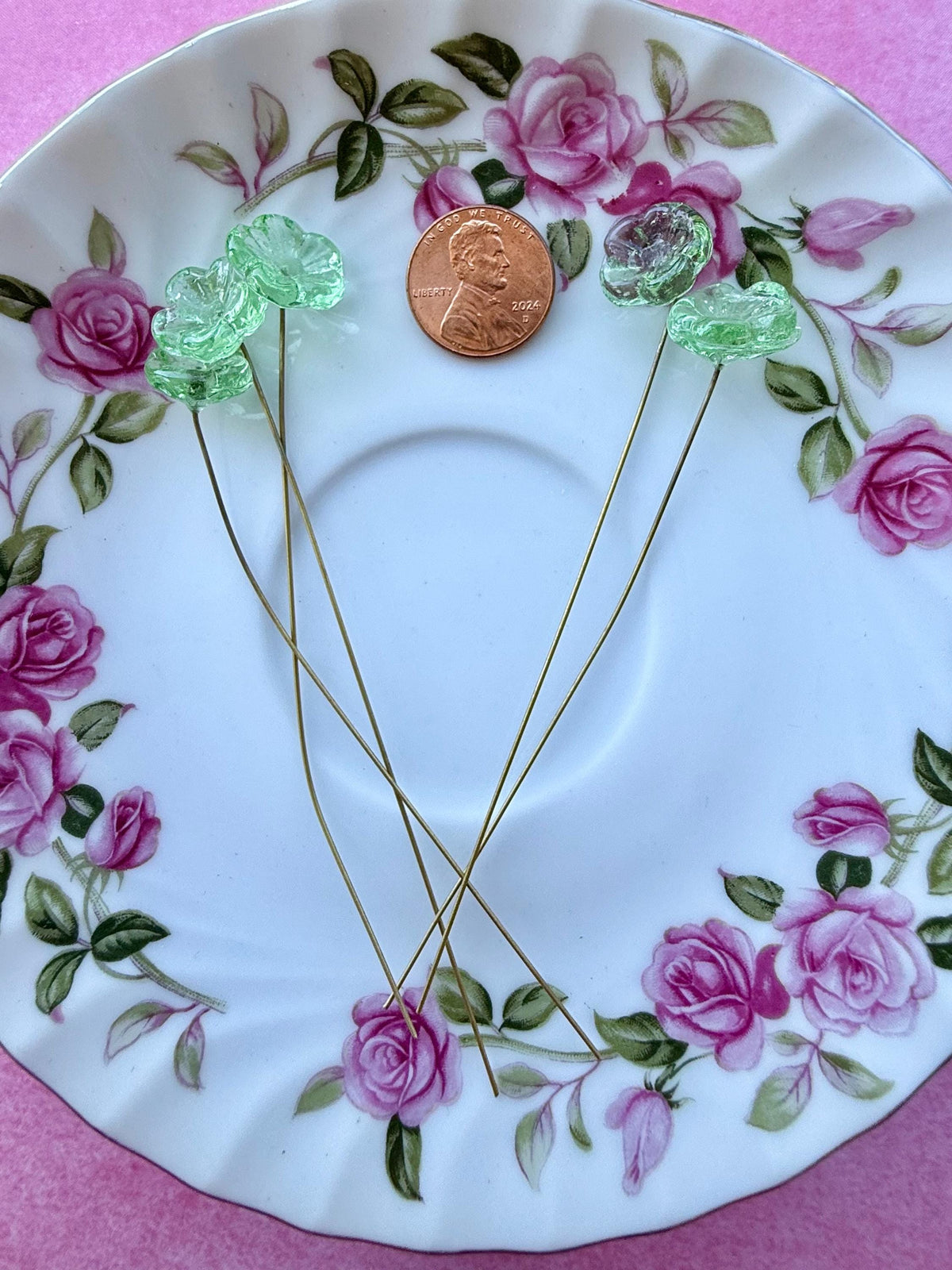 25 Fairy Glow Green Glass Flower Headpins on Raw Brass Wire, Vintage-Inspired Floral Jewelry Findings, Wired Flowers for Crafts