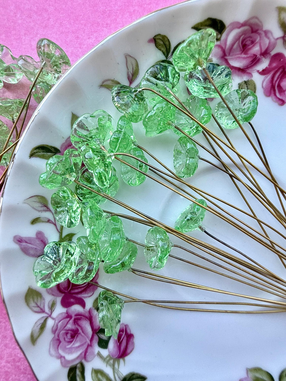 25 Fairy Glow Green Glass Flower Headpins on Raw Brass Wire, Vintage-Inspired Floral Jewelry Findings, Wired Flowers for Crafts