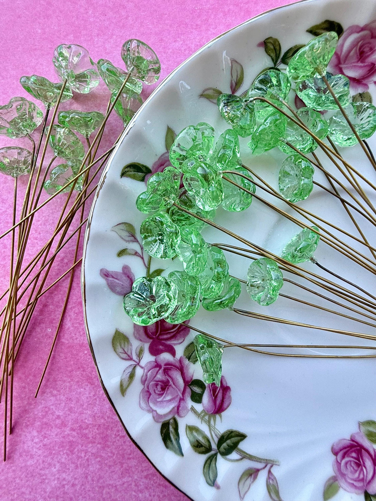 25 Fairy Glow Green Glass Flower Headpins on Raw Brass Wire, Vintage-Inspired Floral Jewelry Findings, Wired Flowers for Crafts